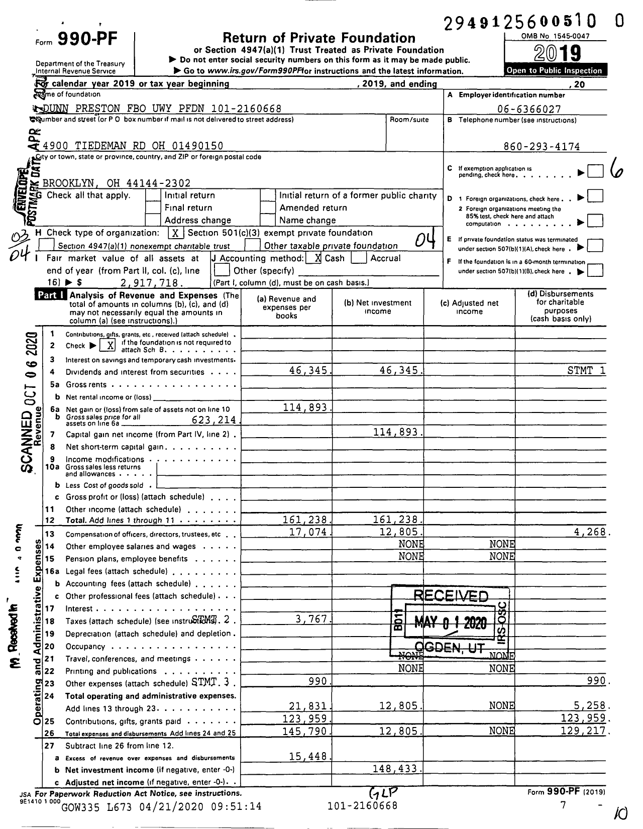 Image of first page of 2019 Form 990PR for Dunn Preston Fbo Uwy PFDN