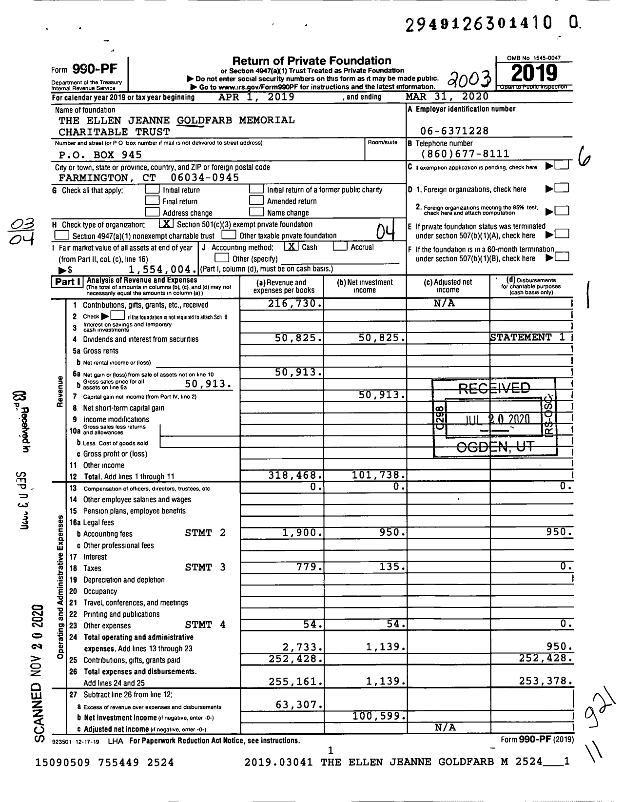 Image of first page of 2019 Form 990PF for The Ellen Jeanne Goldfarb Memorial Charitable Trust