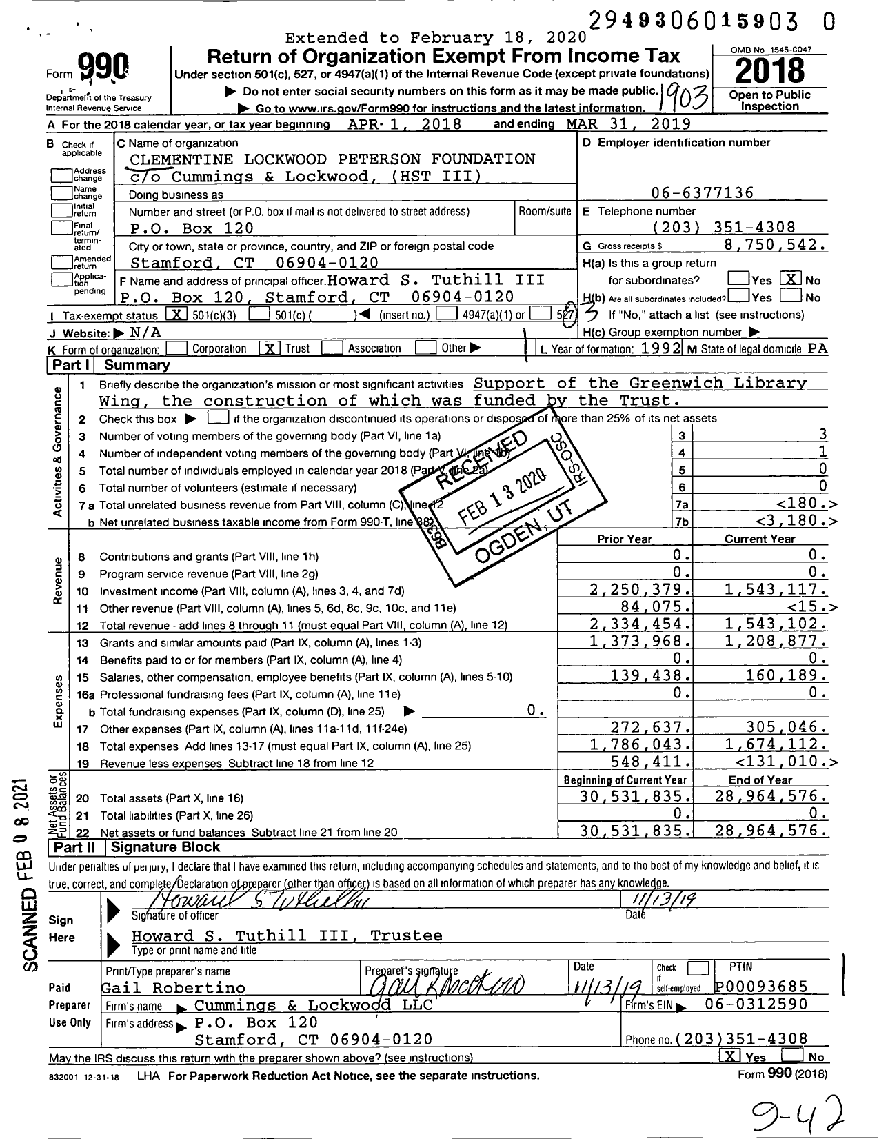 Image of first page of 2018 Form 990 for Clementine Lockwood Peterson Foundation