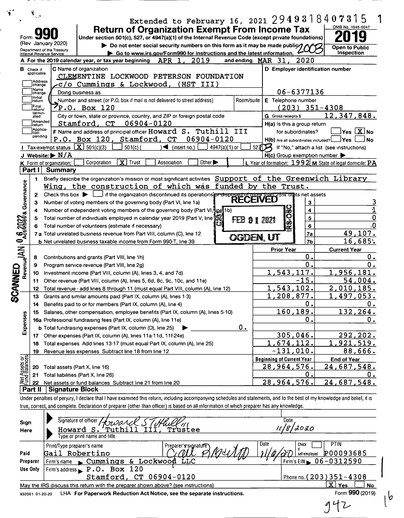 Image of first page of 2019 Form 990 for Clementine Lockwood Peterson Foundation