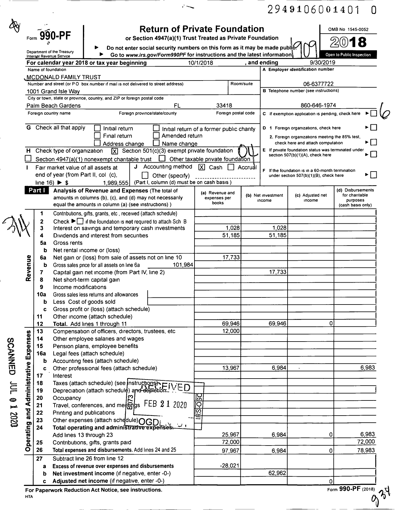 Image of first page of 2018 Form 990PR for Mcdonald Family Trust