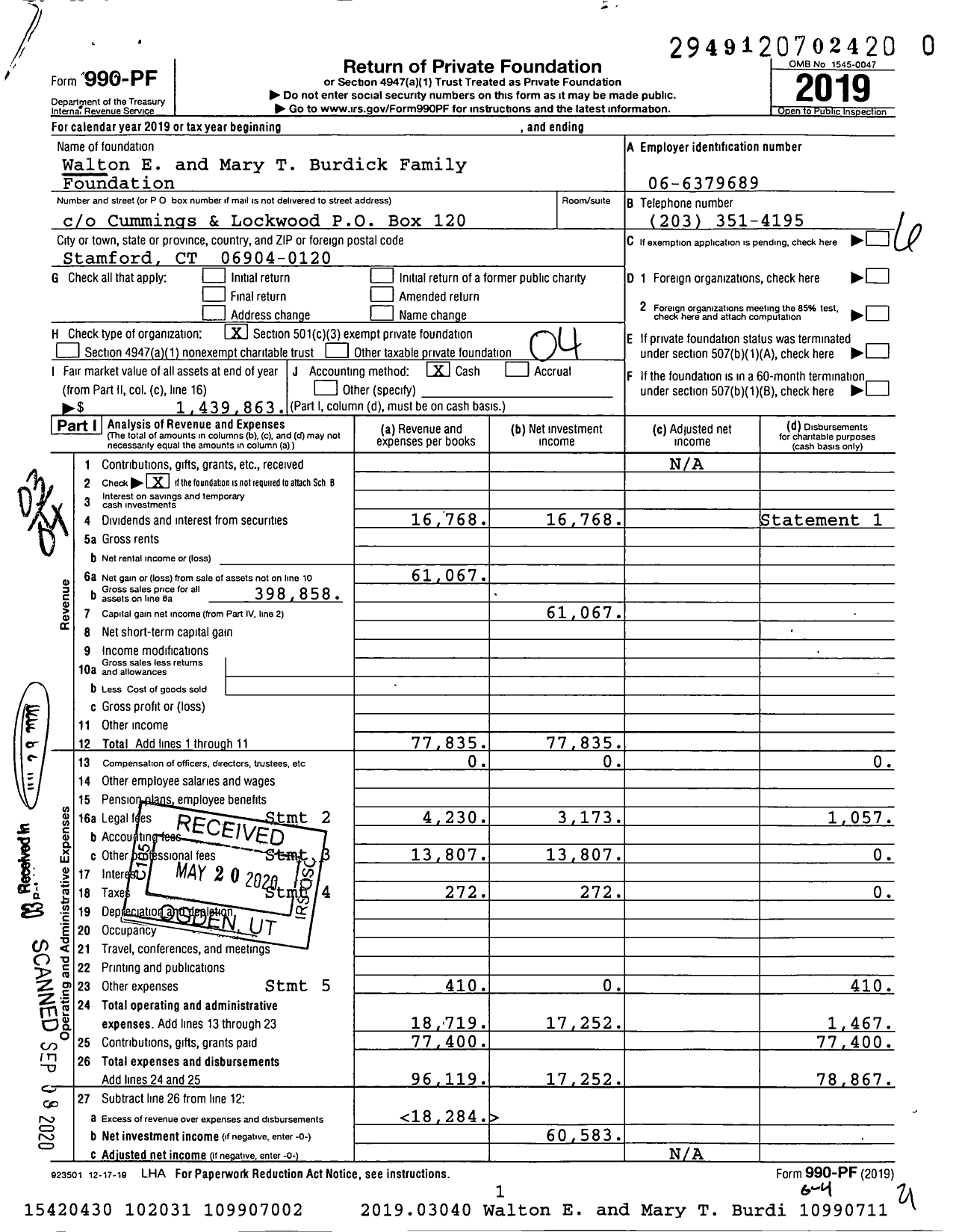 Image of first page of 2019 Form 990PR for Walton E and Mary T Burdick Family Foundation