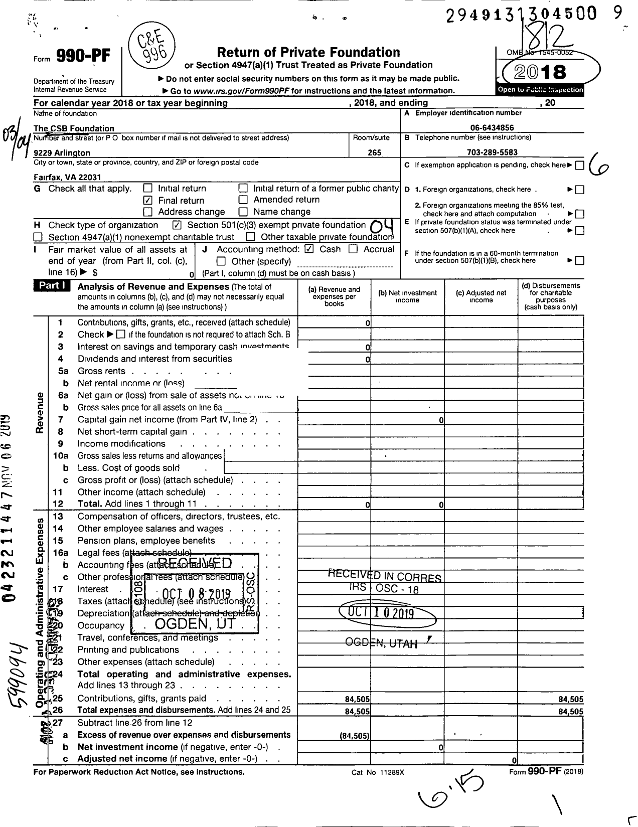Image of first page of 2018 Form 990PF for The CSB Foundation