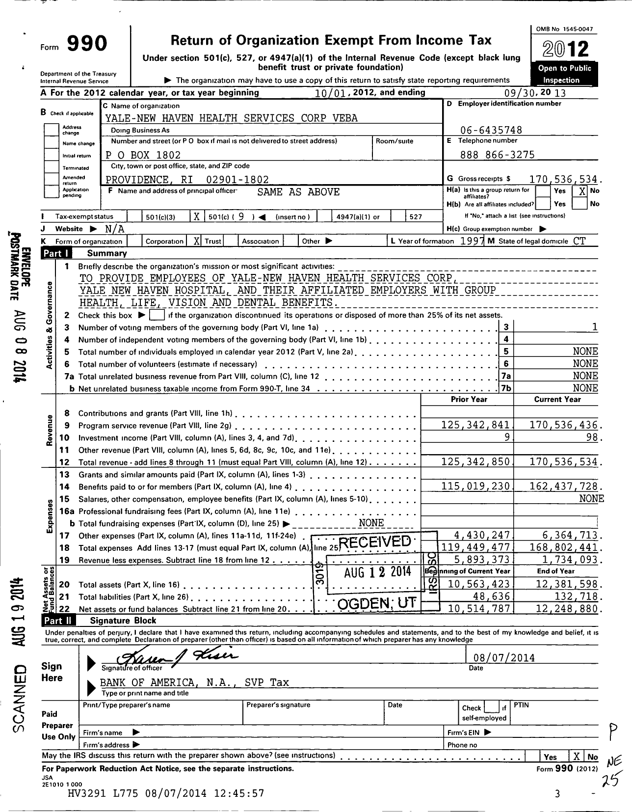Image of first page of 2012 Form 990O for Yale New Haven Health Services Corp Veba
