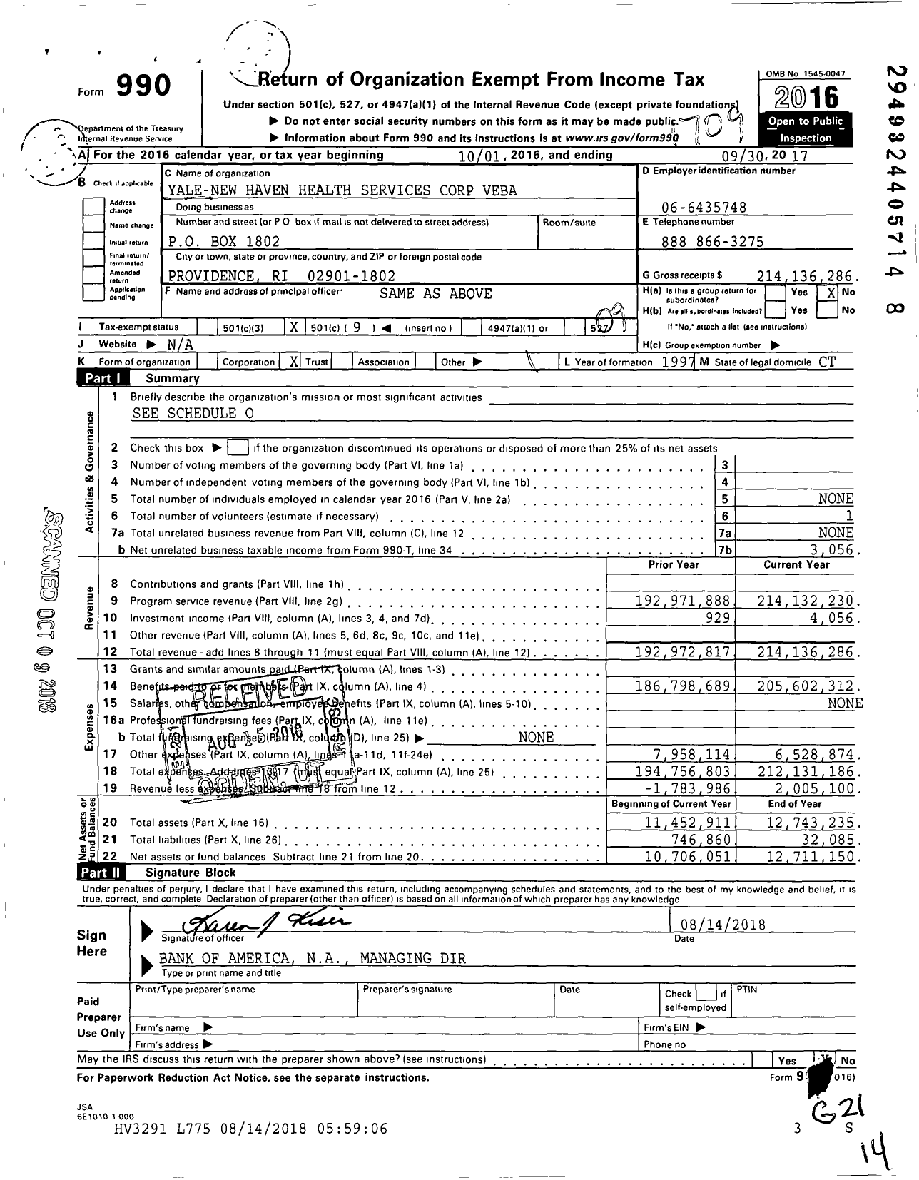 Image of first page of 2016 Form 990O for Yale New Haven Health Services Corp Veba
