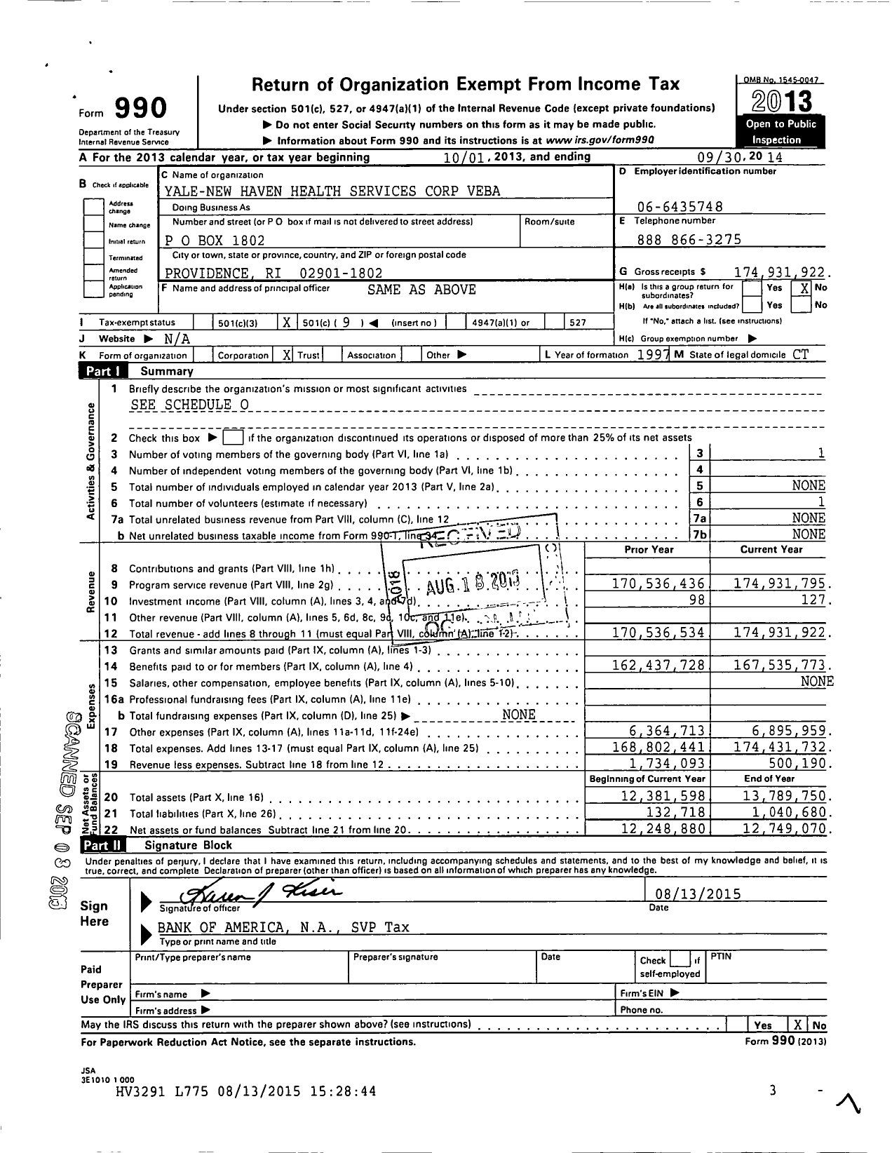 Image of first page of 2013 Form 990O for Yale New Haven Health Services Corp Veba