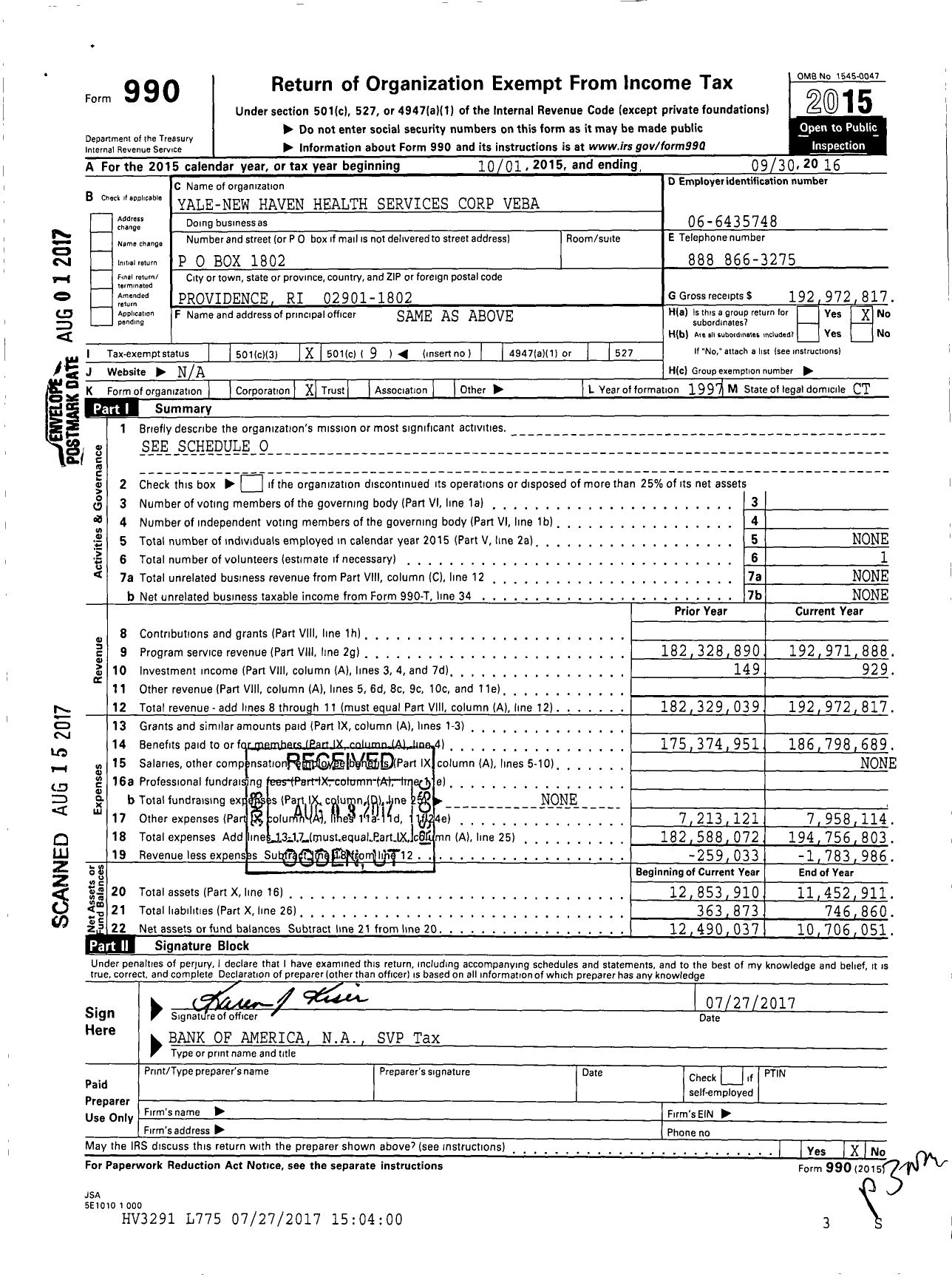 Image of first page of 2015 Form 990O for Yale New Haven Health Services Corp Veba