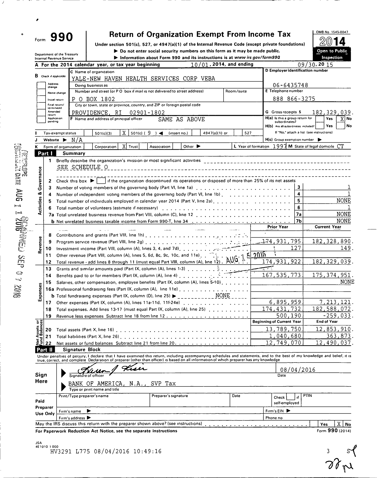 Image of first page of 2014 Form 990O for Yale New Haven Health Services Corp Veba