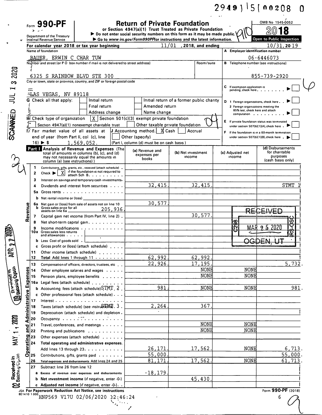 Image of first page of 2018 Form 990PR for Bauer Erwin Charitable Charitable Tuw