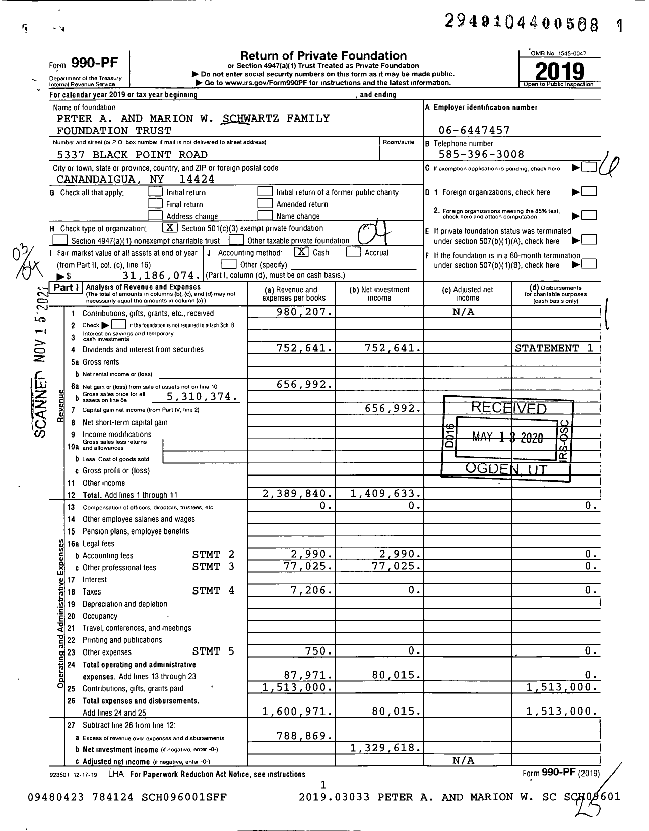 Image of first page of 2019 Form 990PF for Peter A and Marion W Schwartz Family Foundation Trust