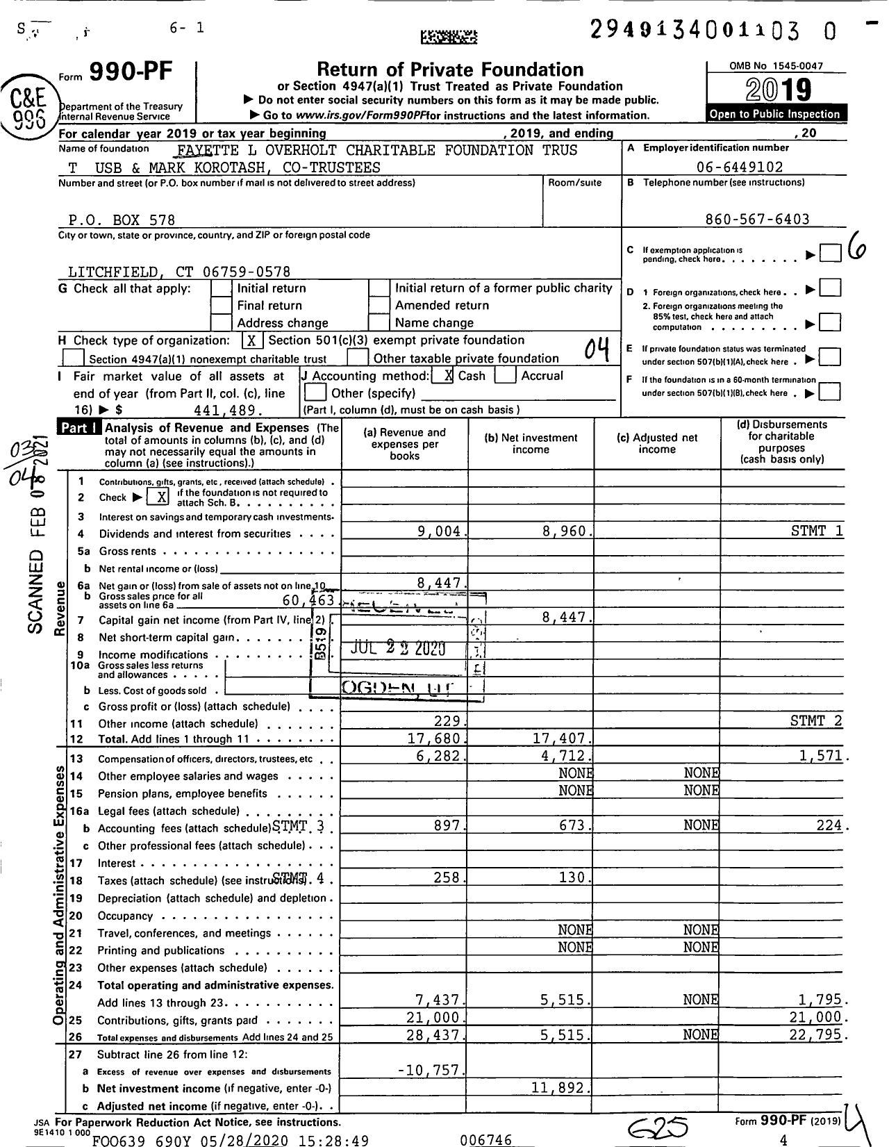 Image of first page of 2019 Form 990PF for Fayette L Overholt Charitable Foundation Trust