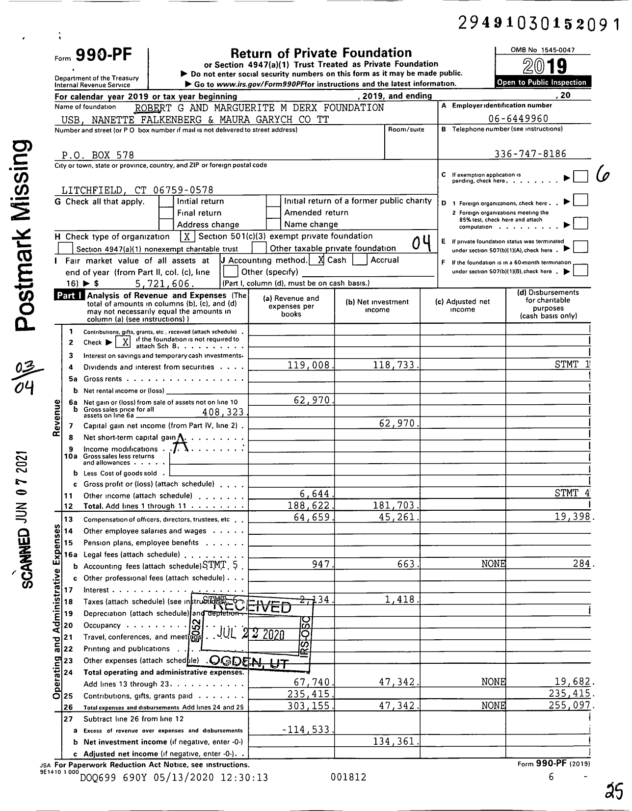 Image of first page of 2019 Form 990PF for Robert G and Marguerite M Derx Foundation