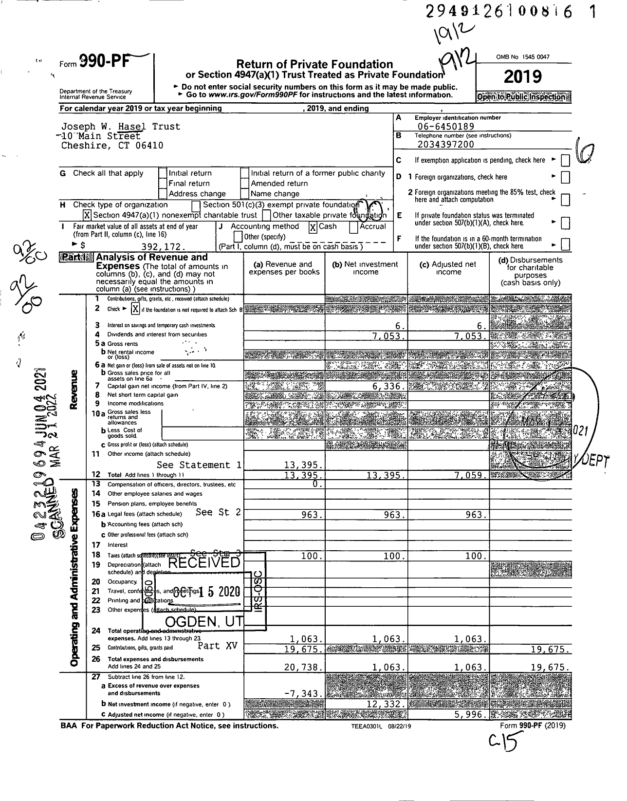 Image of first page of 2019 Form 990PF for Joseph W Hasel Trust