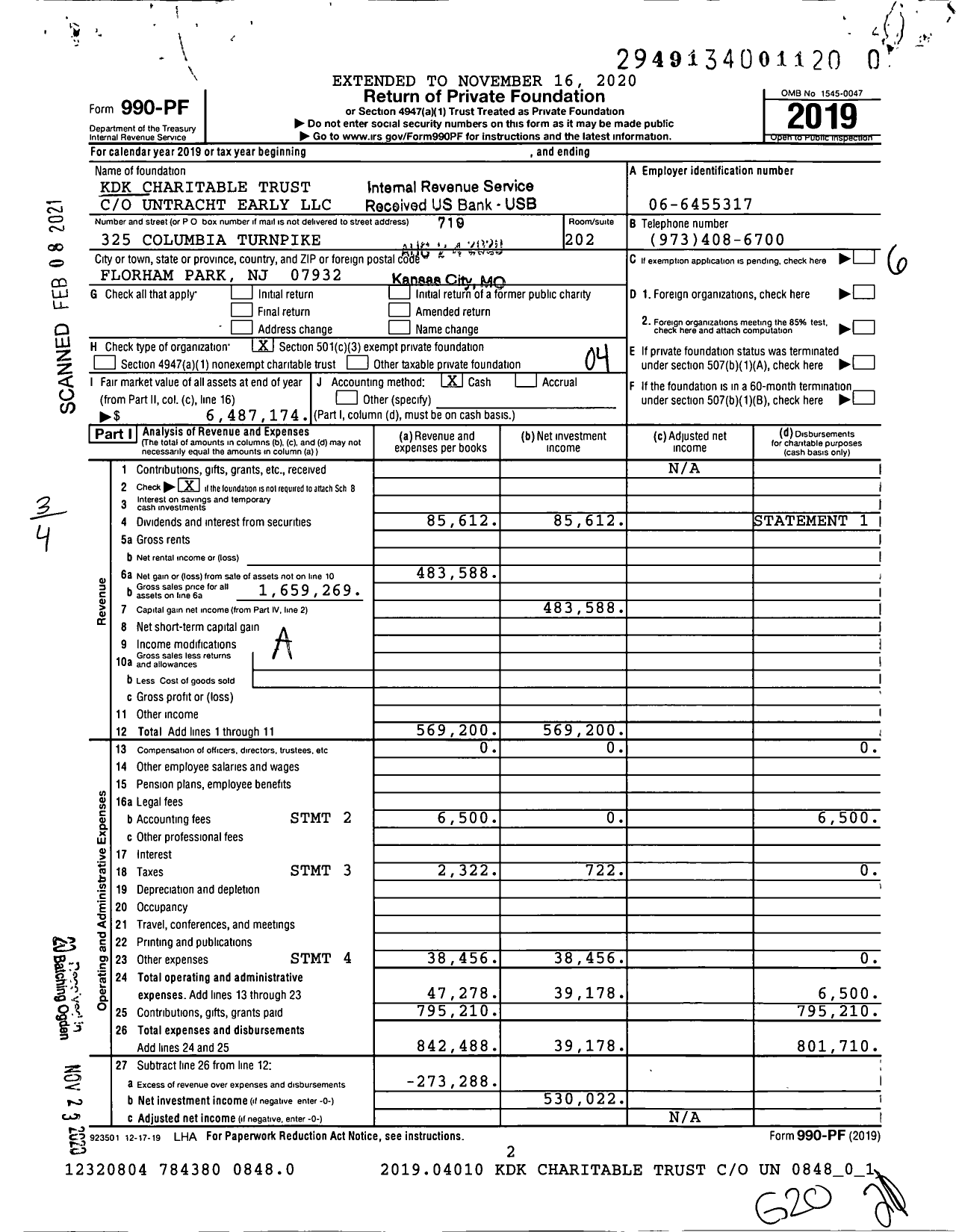 Image of first page of 2019 Form 990PF for KDK Charitable Trust