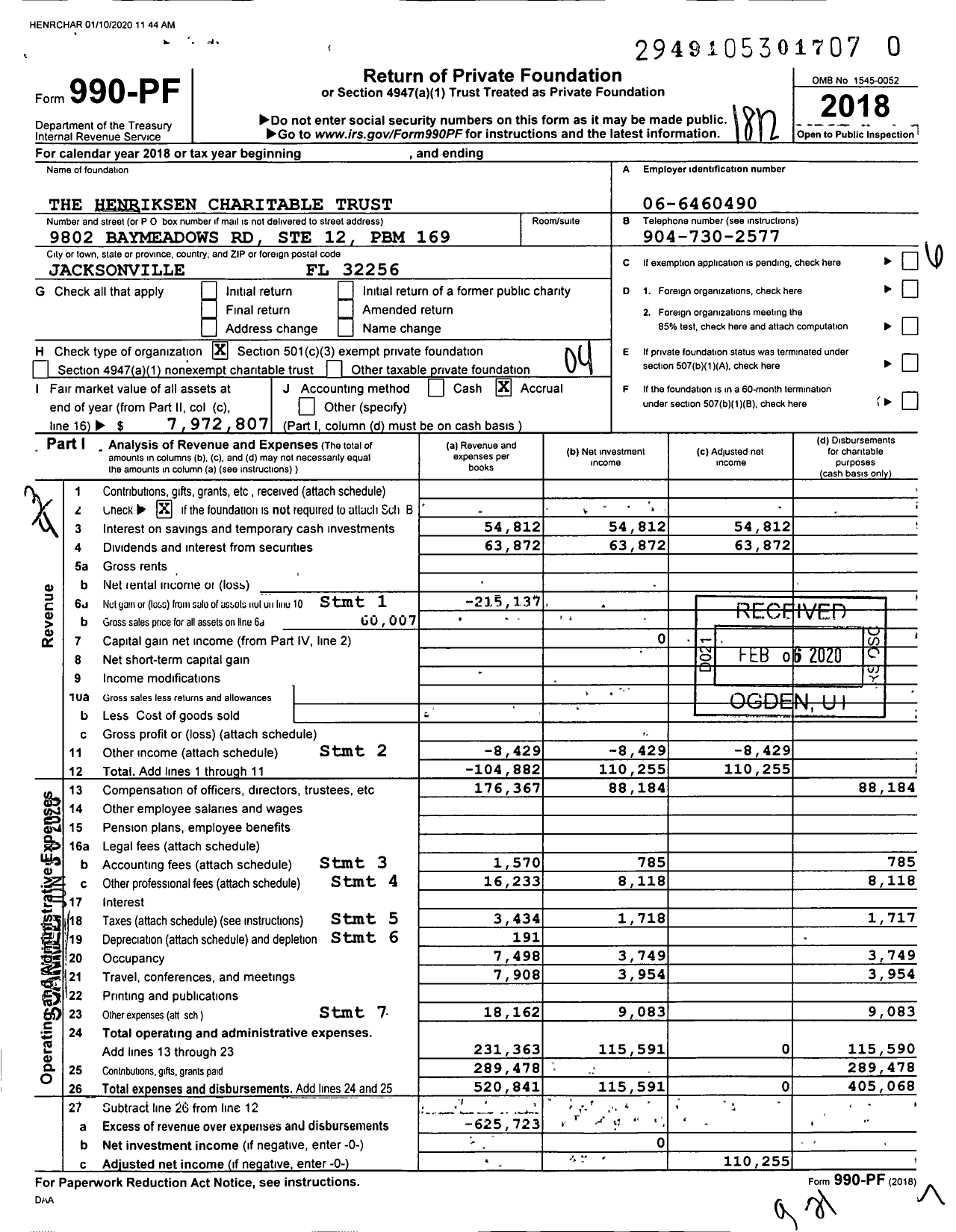 Image of first page of 2018 Form 990PR for Henriksen Charitable Trust