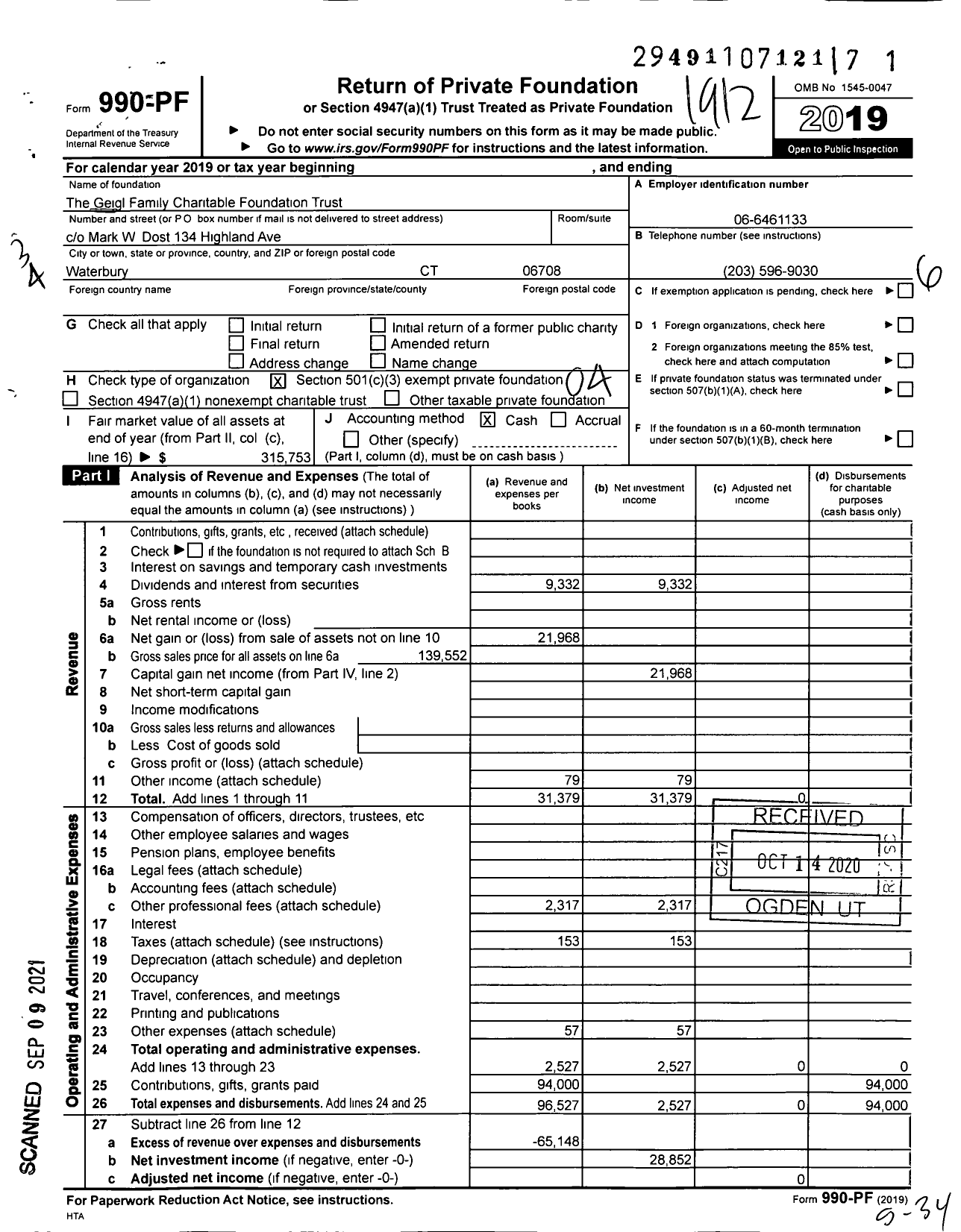 Image of first page of 2019 Form 990PF for The Geigl Family Charitable Foundation Trust