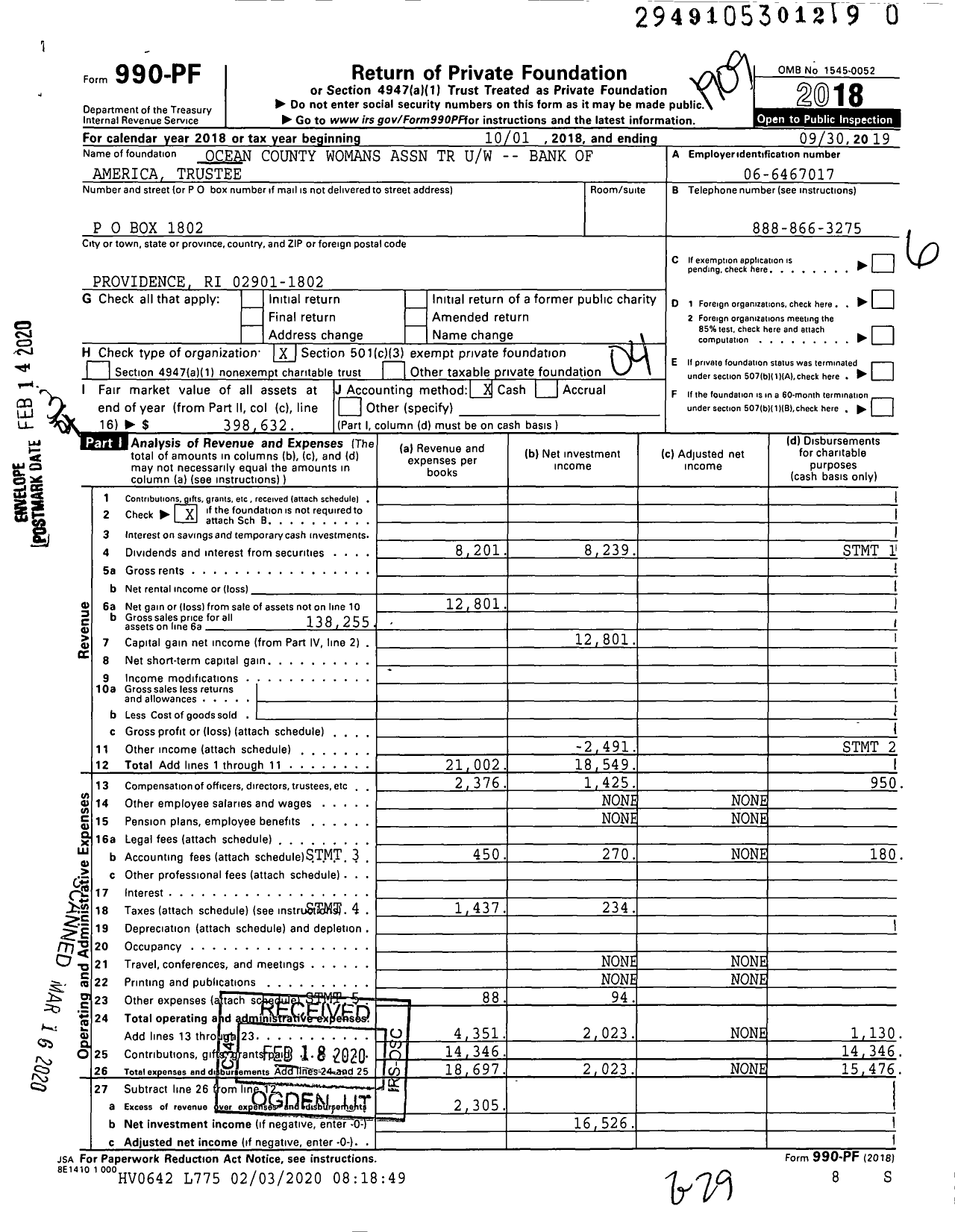 Image of first page of 2018 Form 990PR for Ocean County Womans Association TR Uw -- Bank of