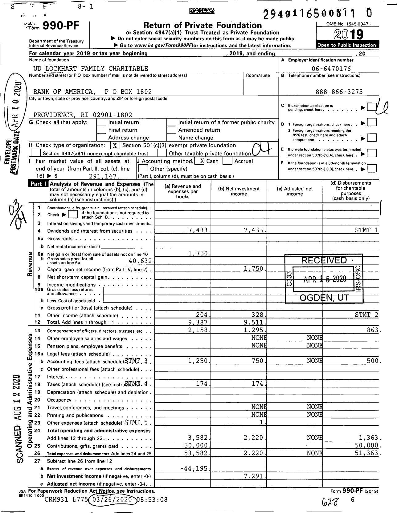 Image of first page of 2019 Form 990PR for Ud Lockhart Family Charitable