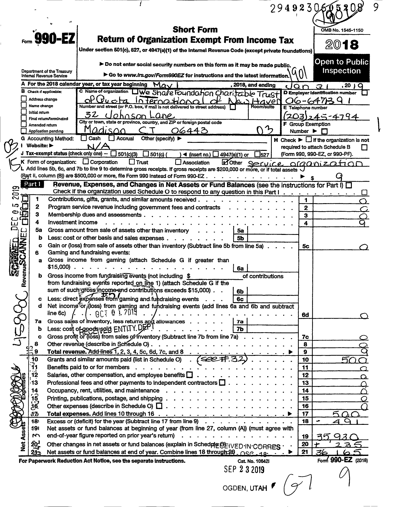 Image of first page of 2018 Form 990EZ for We Share Foundation / New Haven Charitable Trust