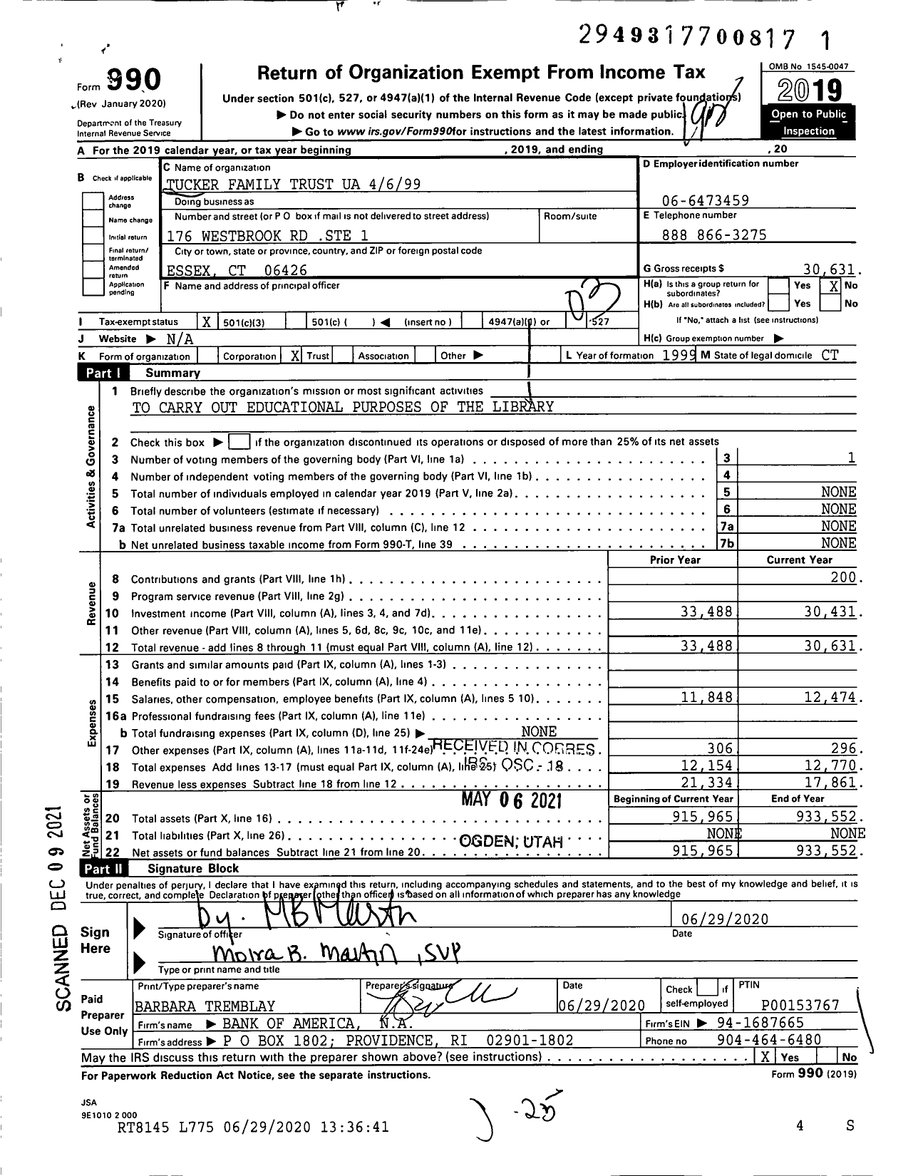 Image of first page of 2019 Form 990 for Tucker Family Trust 461999 Deborah