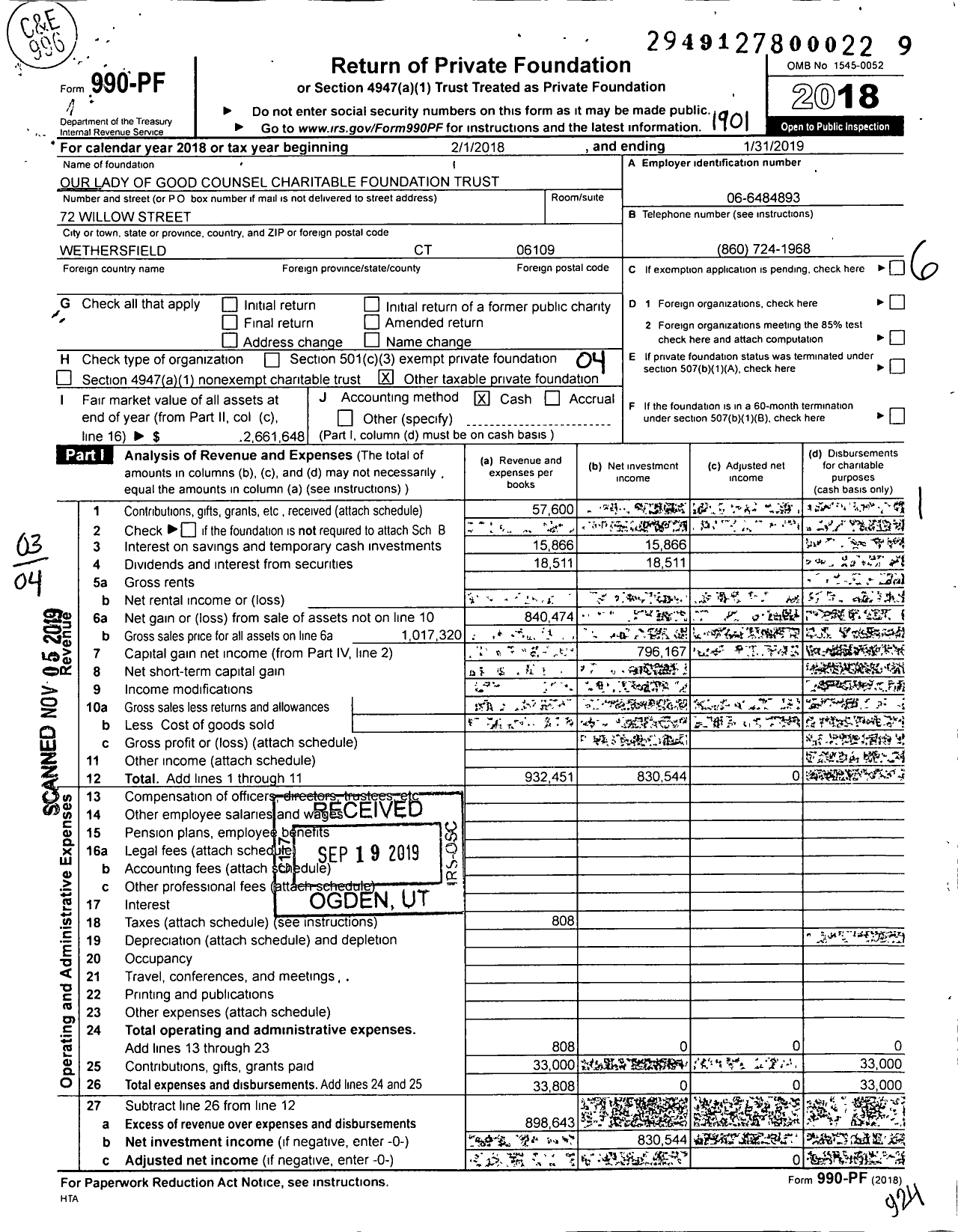 Image of first page of 2018 Form 990PF for Our Lady of Good Counsel Charitable Foundation Trust