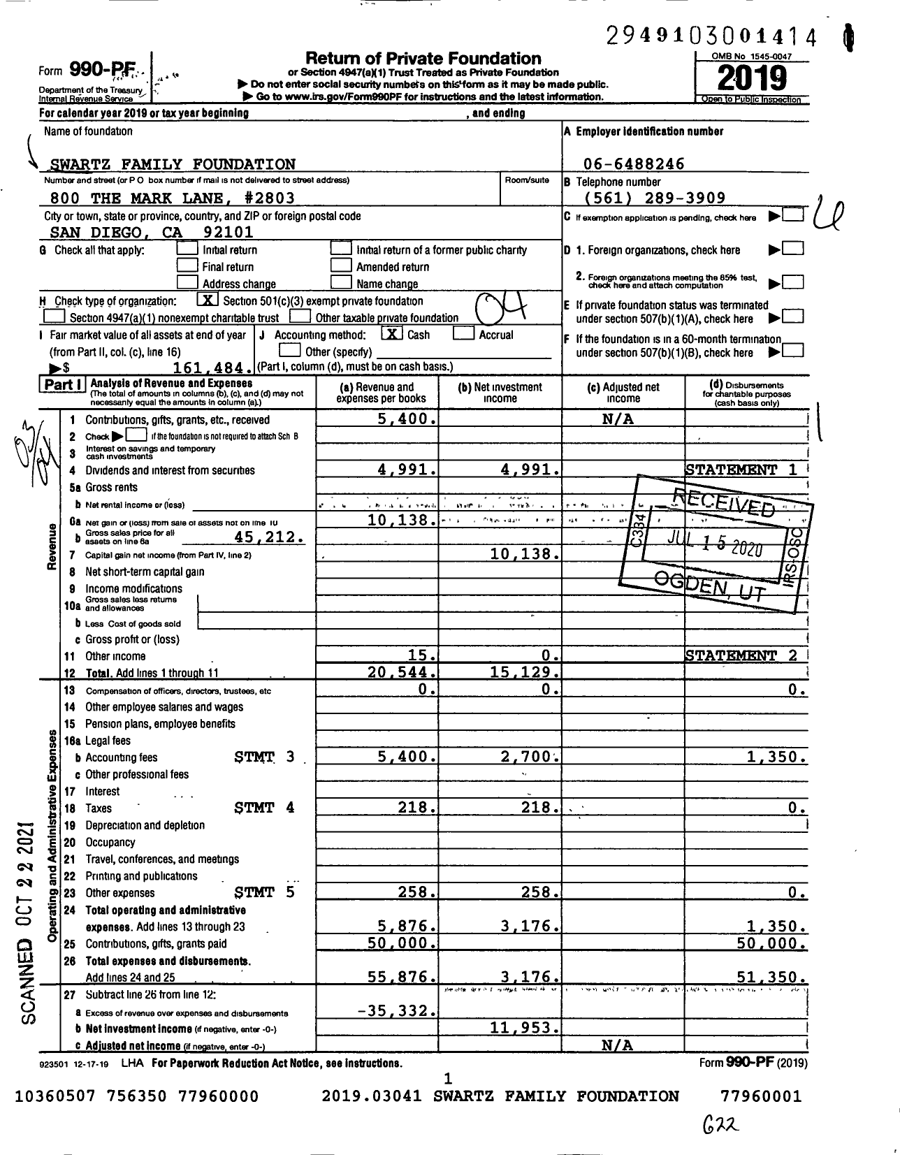 Image of first page of 2019 Form 990PF for Swartz Family Foundation