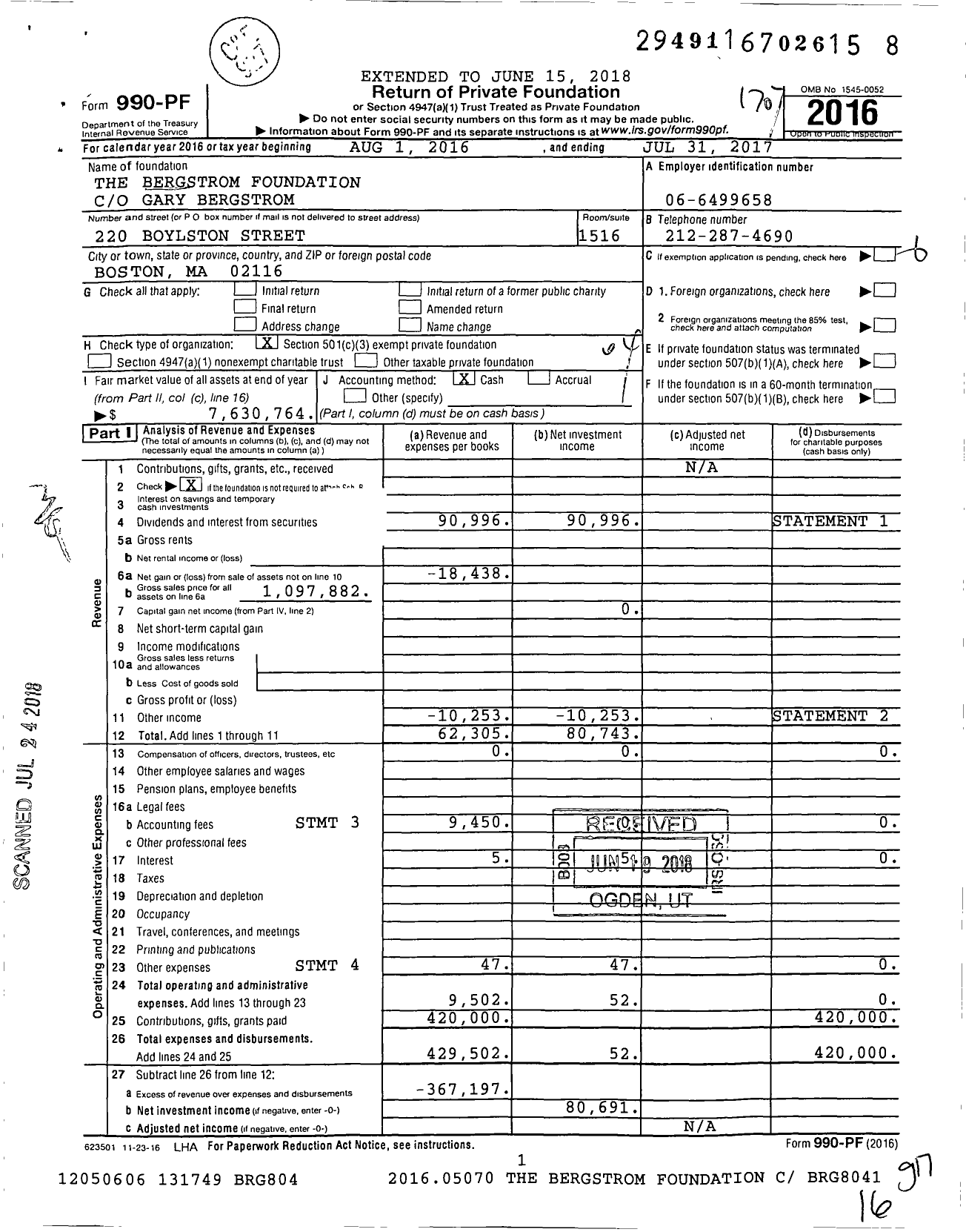 Image of first page of 2016 Form 990PF for The Bergstrom Foundation