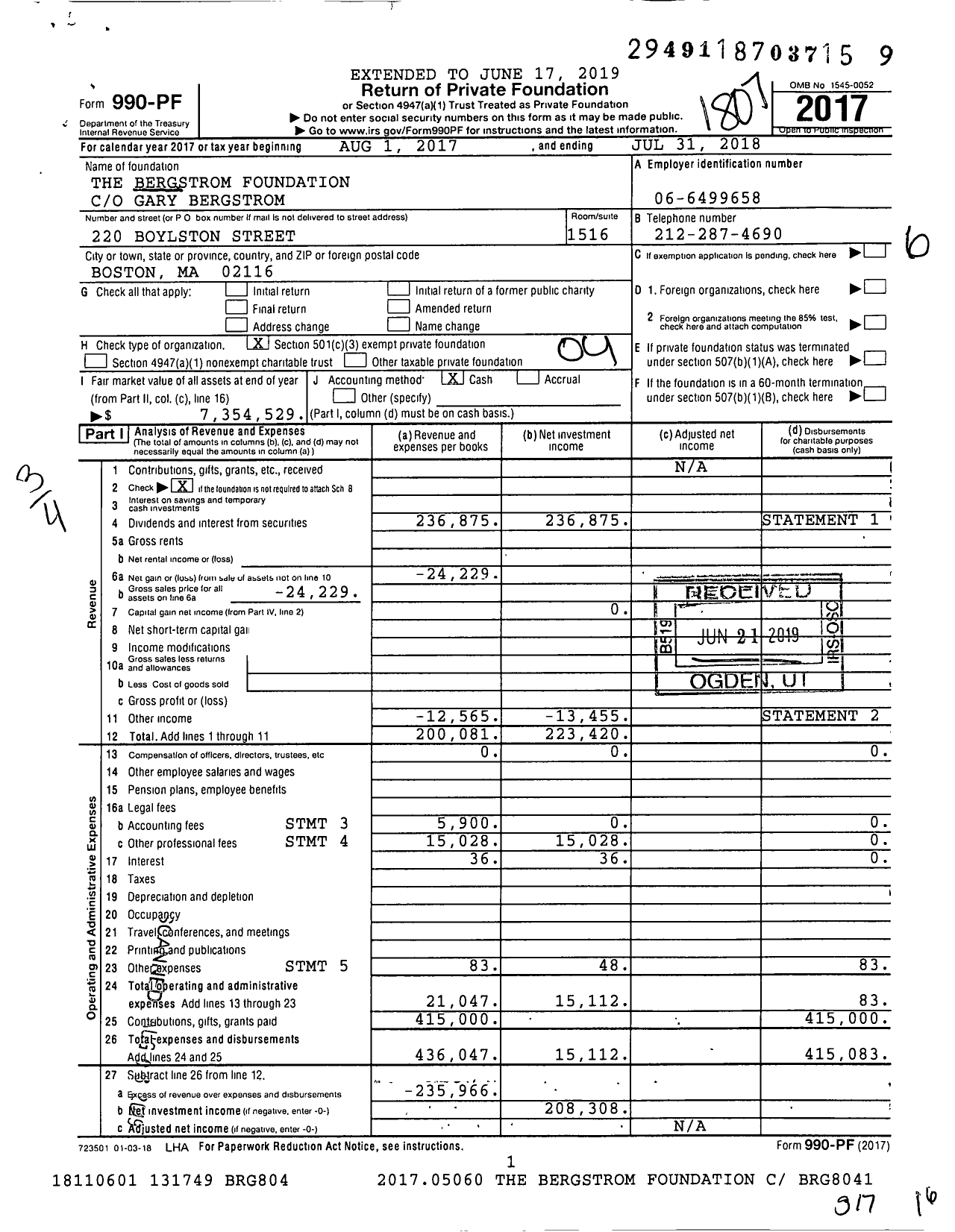 Image of first page of 2017 Form 990PF for The Bergstrom Foundation