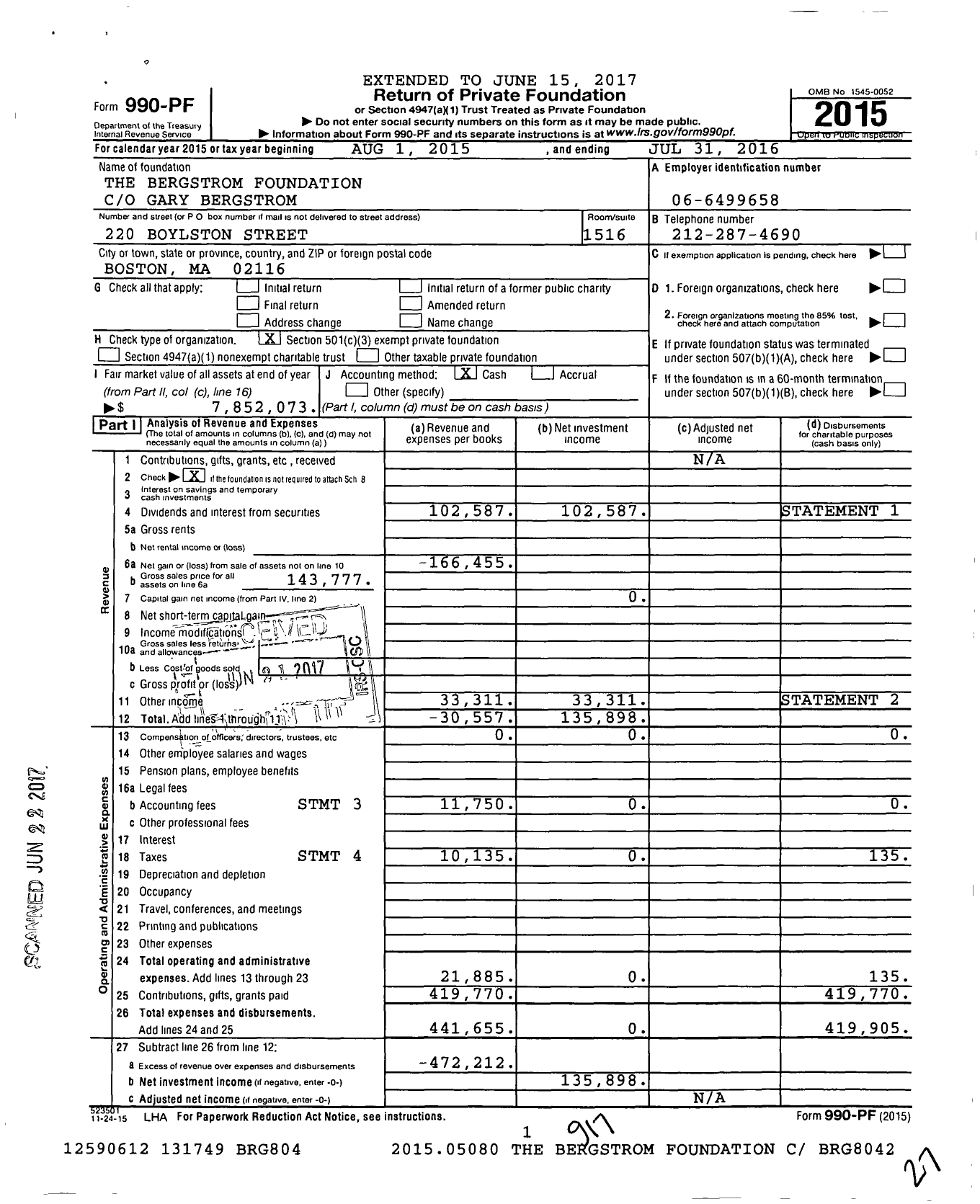 Image of first page of 2015 Form 990PF for The Bergstrom Foundation