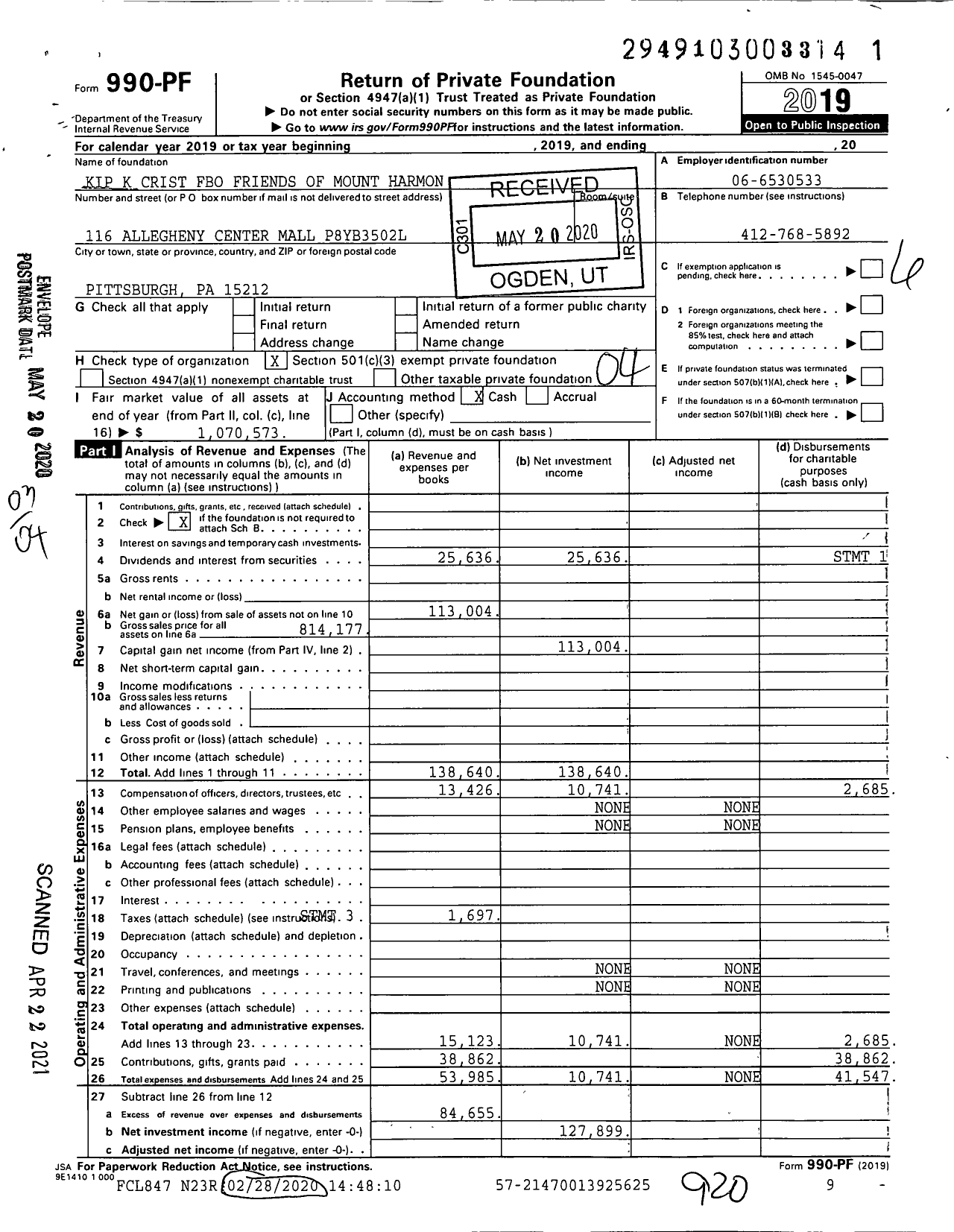 Image of first page of 2019 Form 990PF for Kip K Crist Fbo Friends of Mount Harmon