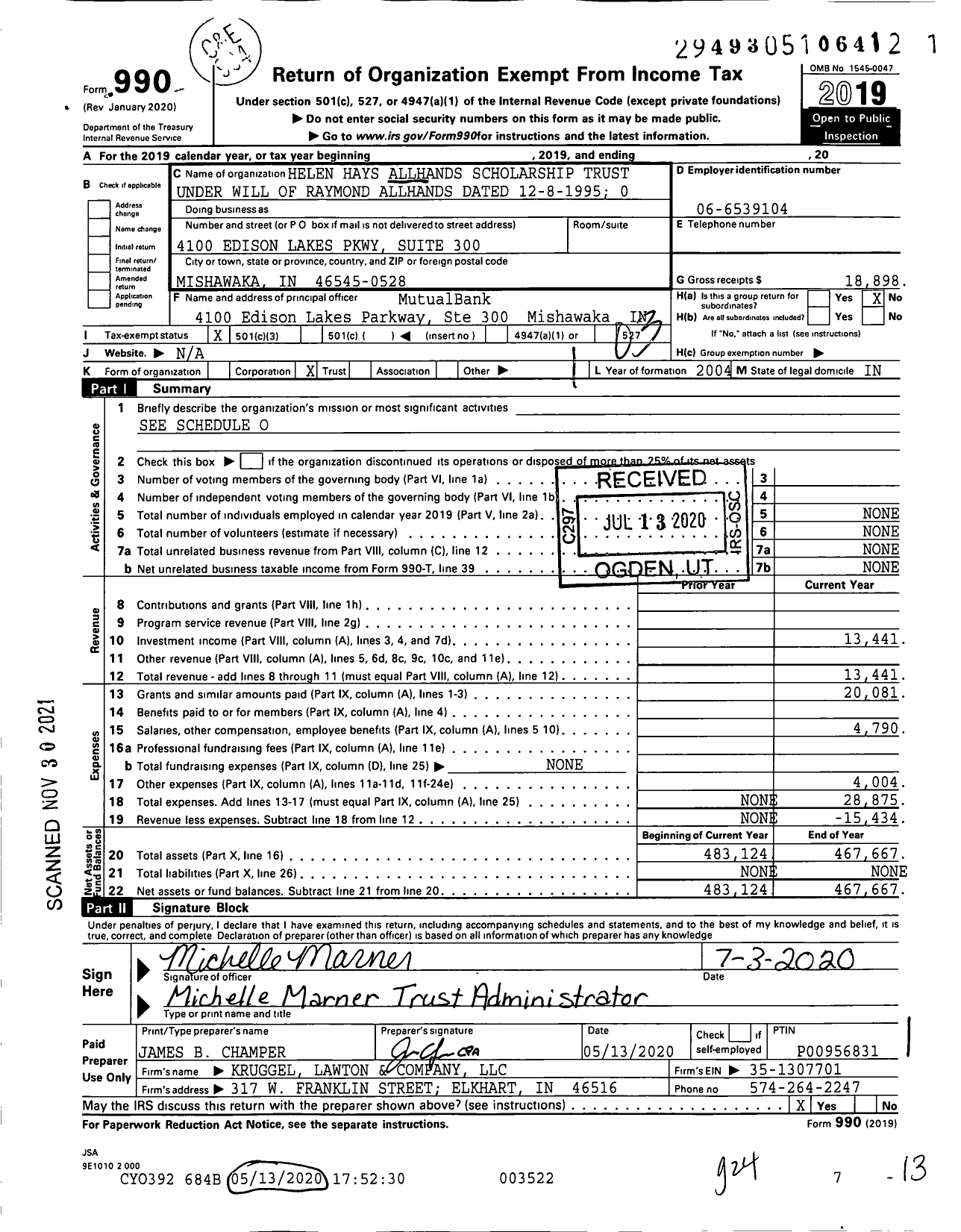 Image of first page of 2019 Form 990 for Allhands Scholarship Irrev Tuw