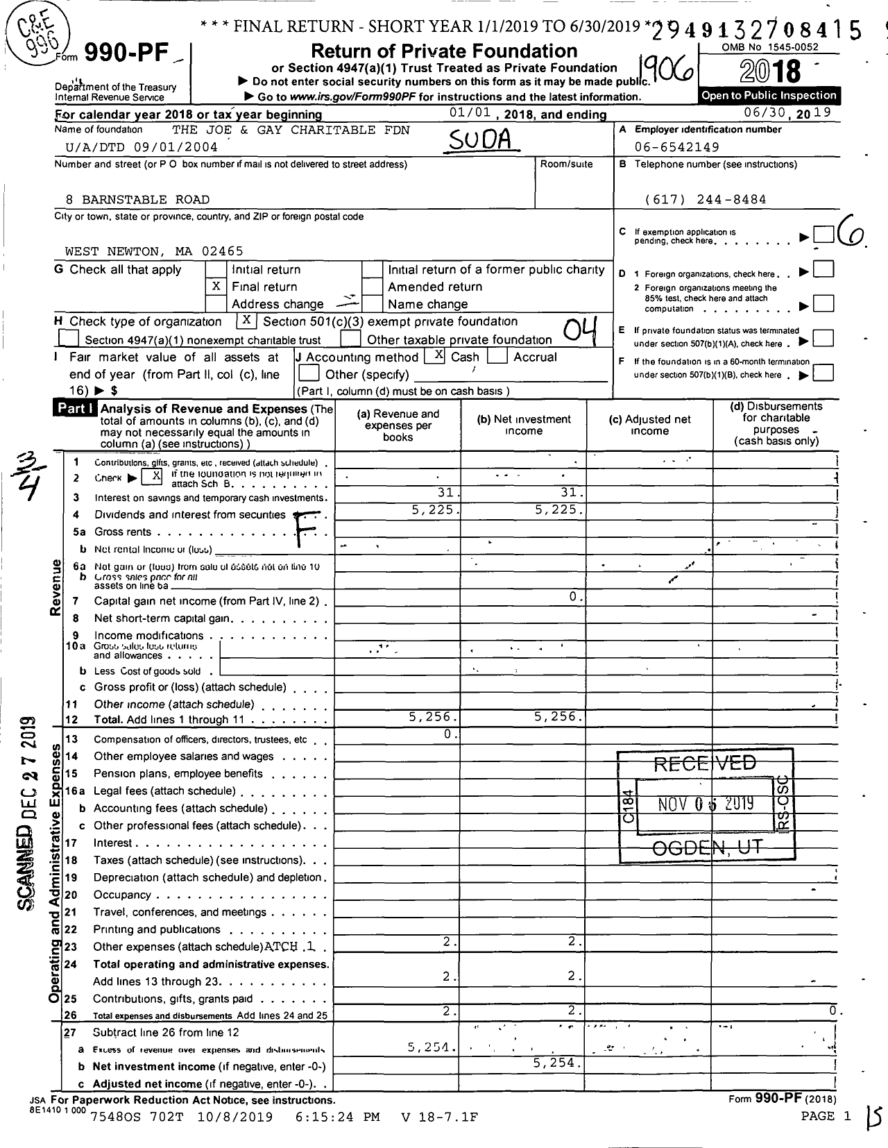 Image of first page of 2018 Form 990PF for The Joe and Gay Charitable Foundation U / A / DTD 09 / 01 / 2004