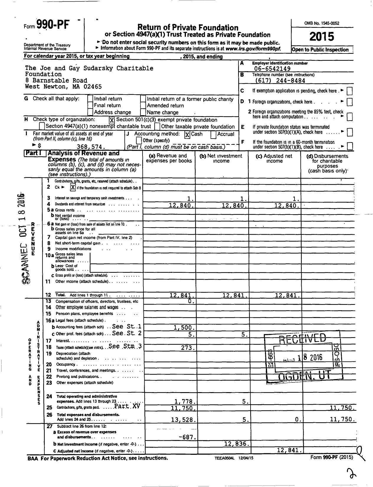 Image of first page of 2015 Form 990PF for The Joe and Gay Charitable Foundation U / A / DTD 09 / 01 / 2004