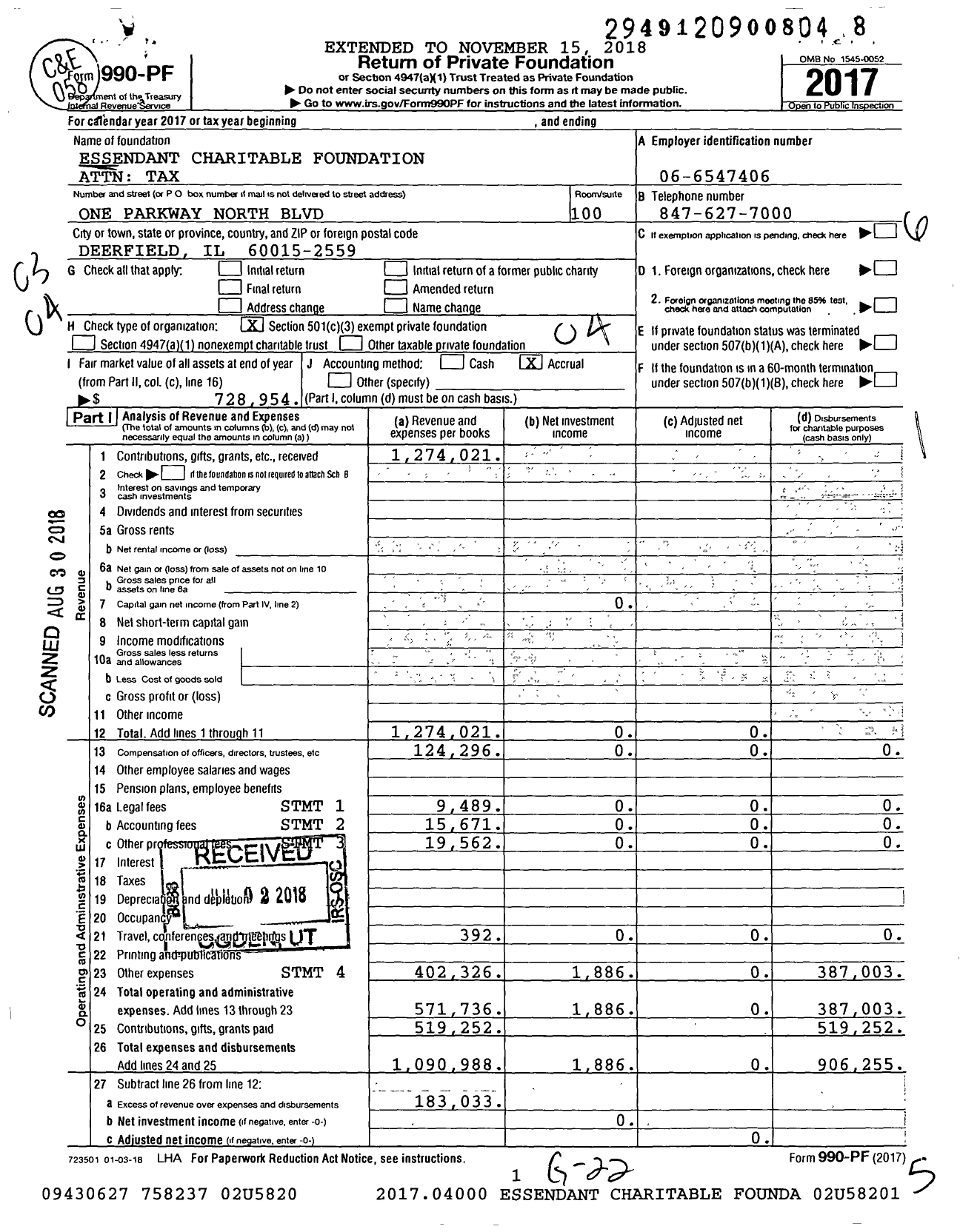 Image of first page of 2017 Form 990PF for Essendant Charitable Foundation Attn Tax