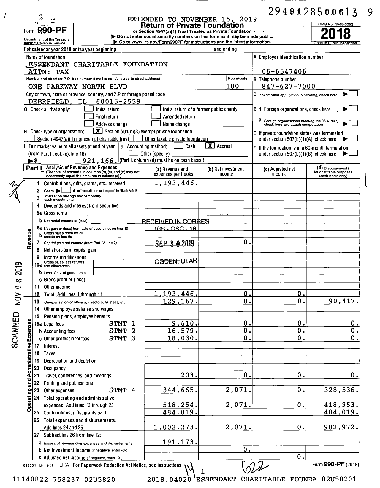 Image of first page of 2018 Form 990PF for Essendant Charitable Foundation Attn Tax