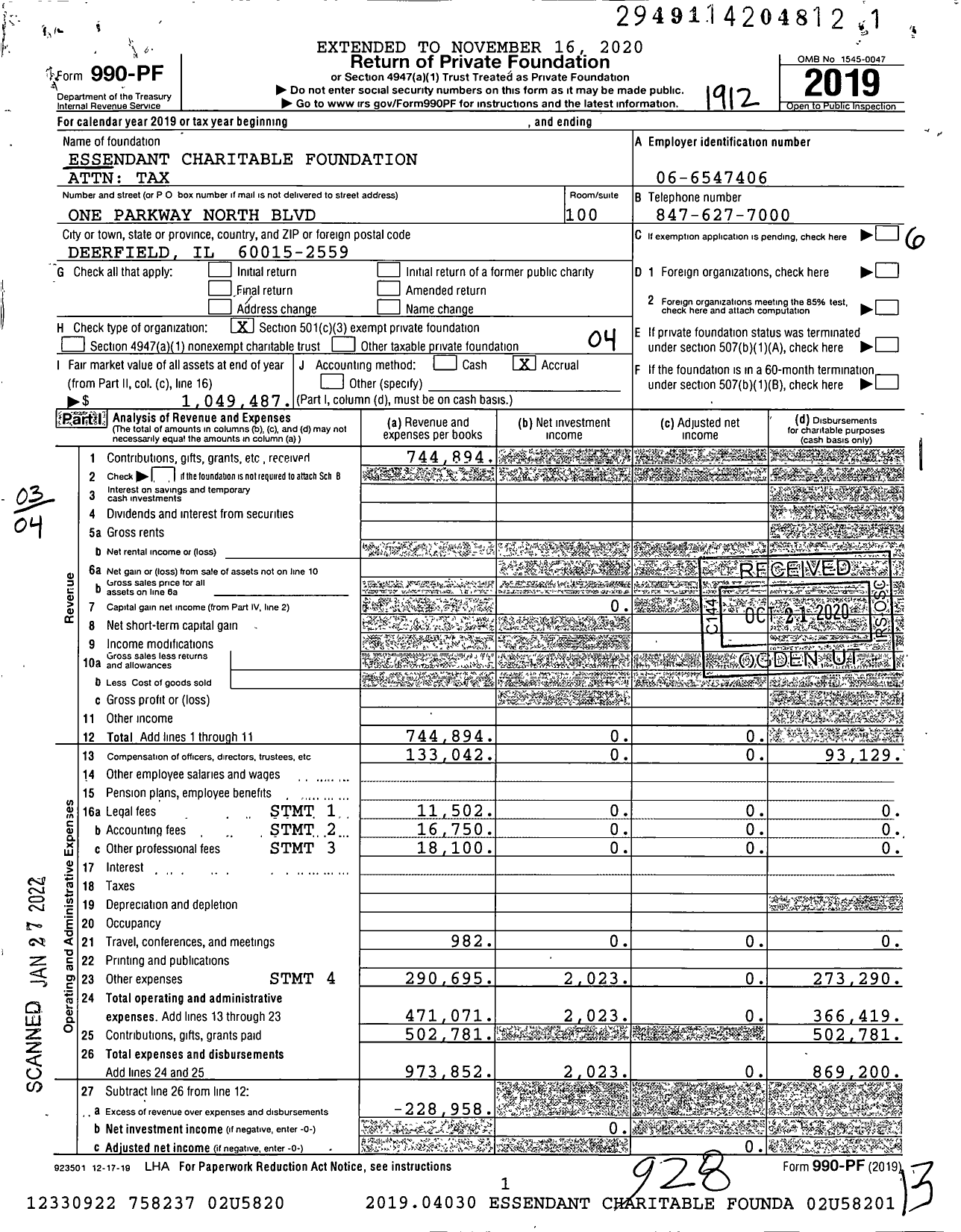 Image of first page of 2019 Form 990PF for Essendant Charitable Foundation Attn Tax