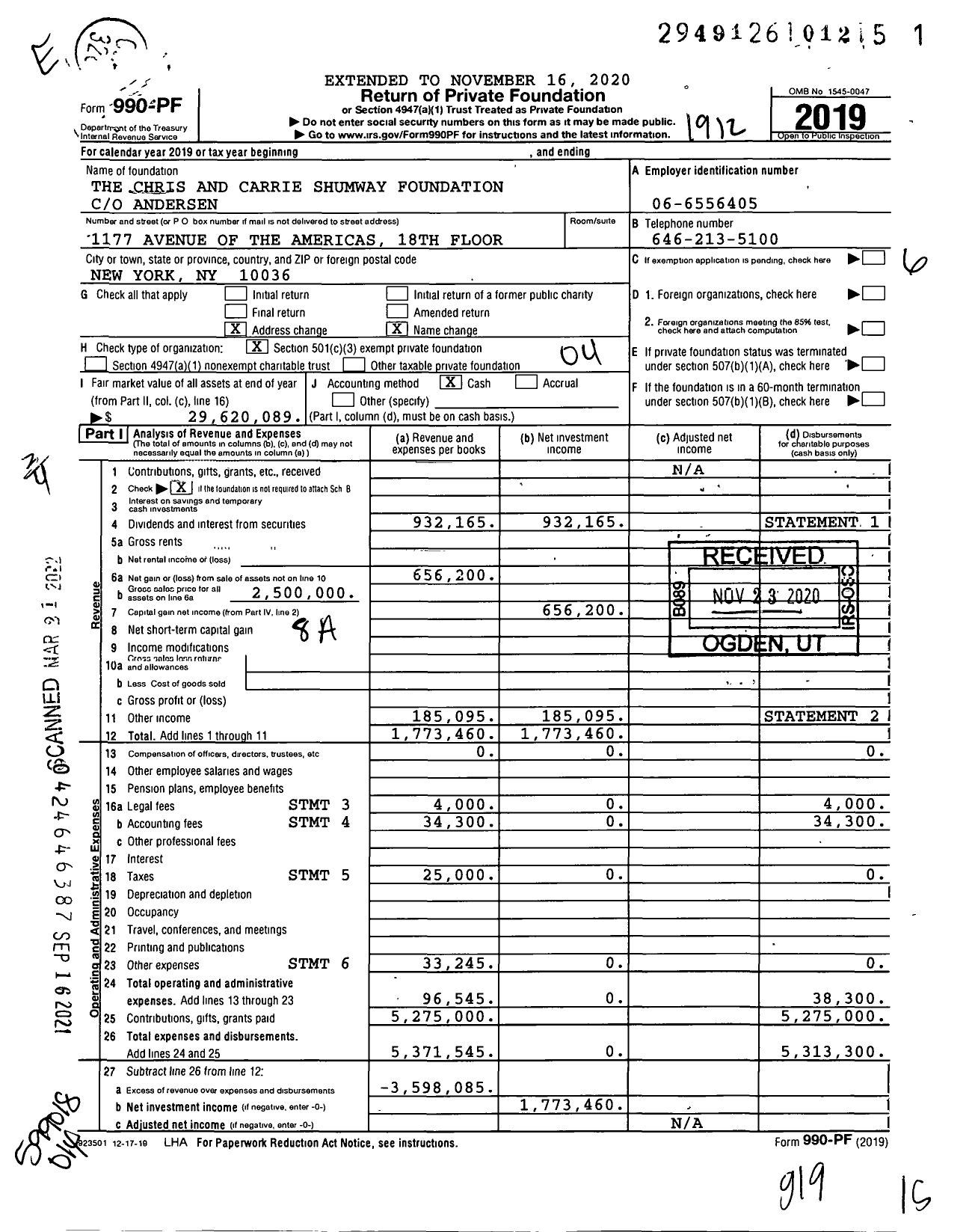 Image of first page of 2019 Form 990PF for The Chris and Carrie Shumway Foundation