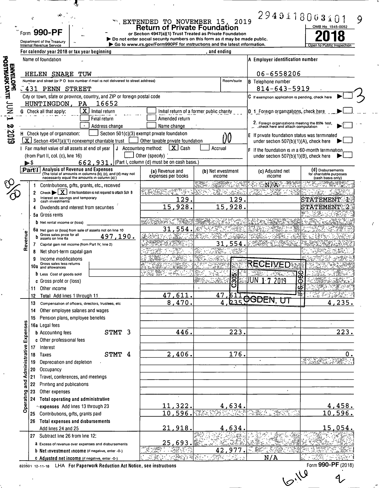 Image of first page of 2018 Form 990PF for Helen Snare Tuw