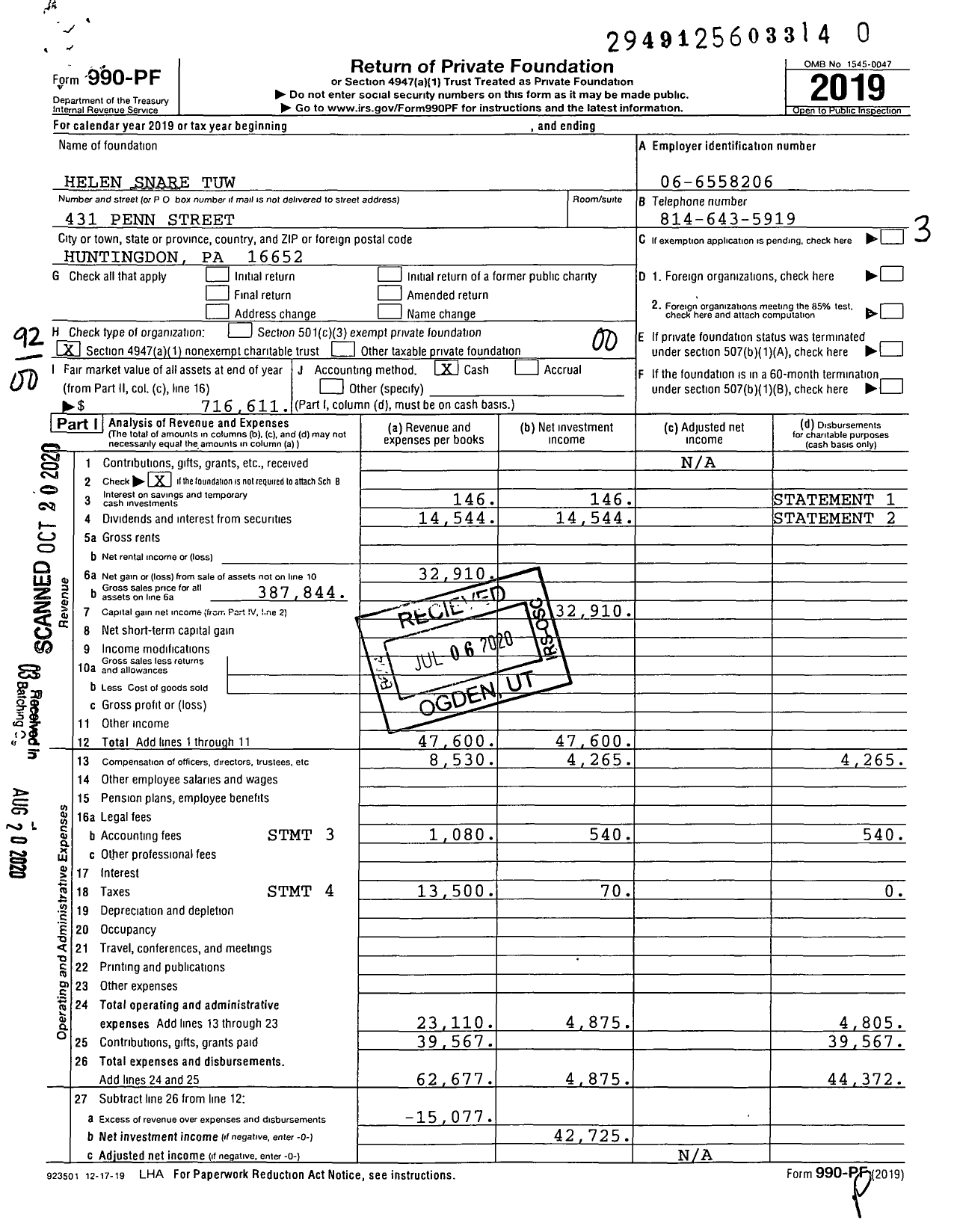 Image of first page of 2019 Form 990PR for Helen Snare Tuw