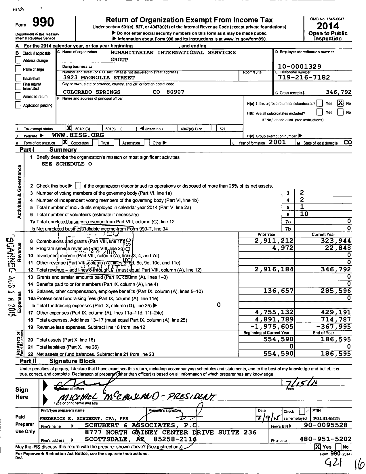 Image of first page of 2014 Form 990 for Humanitarian International Services Group