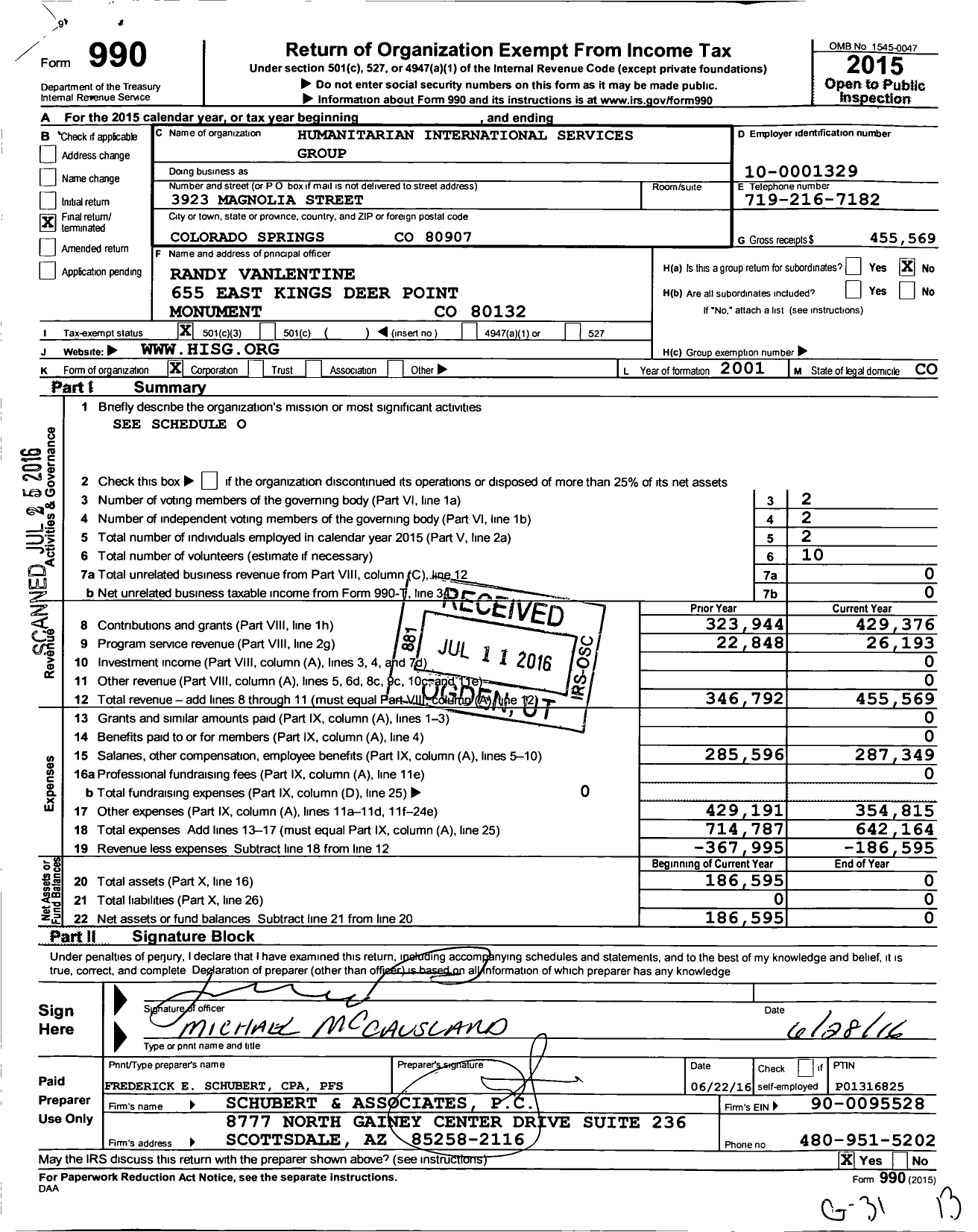 Image of first page of 2015 Form 990 for Humanitarian International Services Group