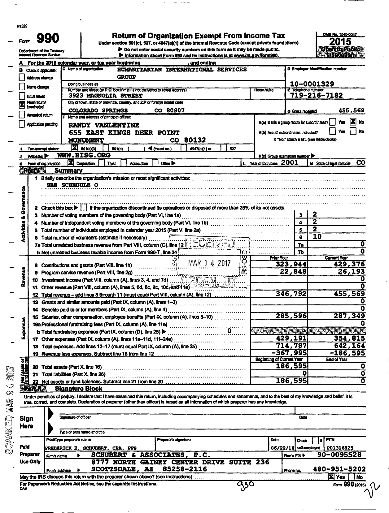 Image of first page of 2015 Form 990 for Humanitarian International Services Group