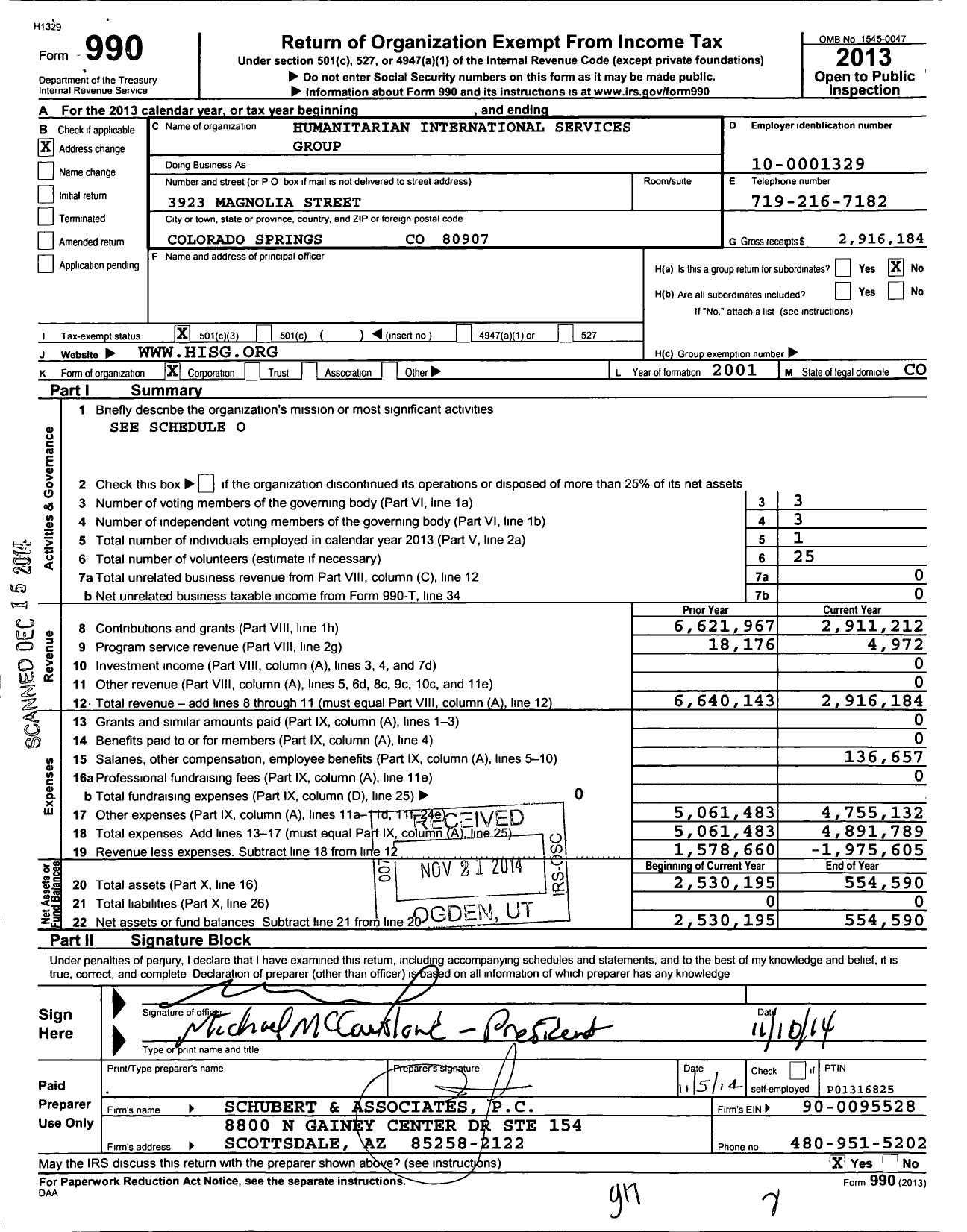 Image of first page of 2013 Form 990 for Humanitarian International Services Group