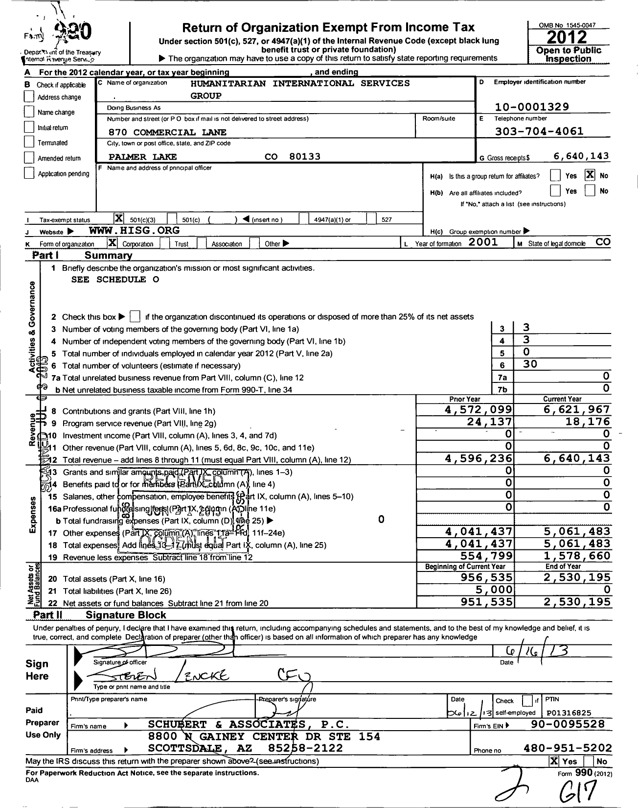 Image of first page of 2012 Form 990 for Humanitarian International Services Group