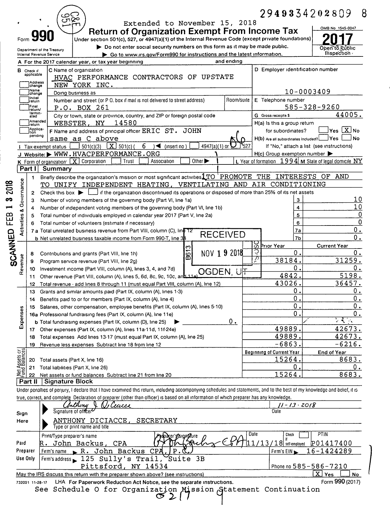 Image of first page of 2017 Form 990O for Hvac Performance Contractors of Upstate New York