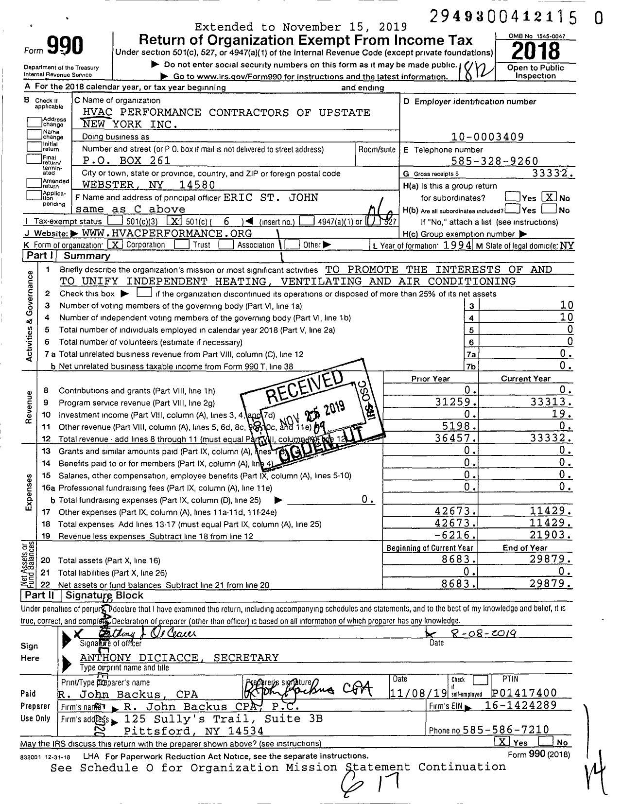 Image of first page of 2018 Form 990O for Hvac Performance Contractors of Upstate New York