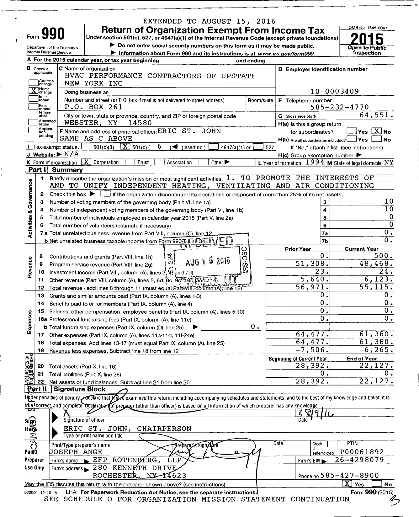 Image of first page of 2015 Form 990O for Hvac Performance Contractors of Upstate New York