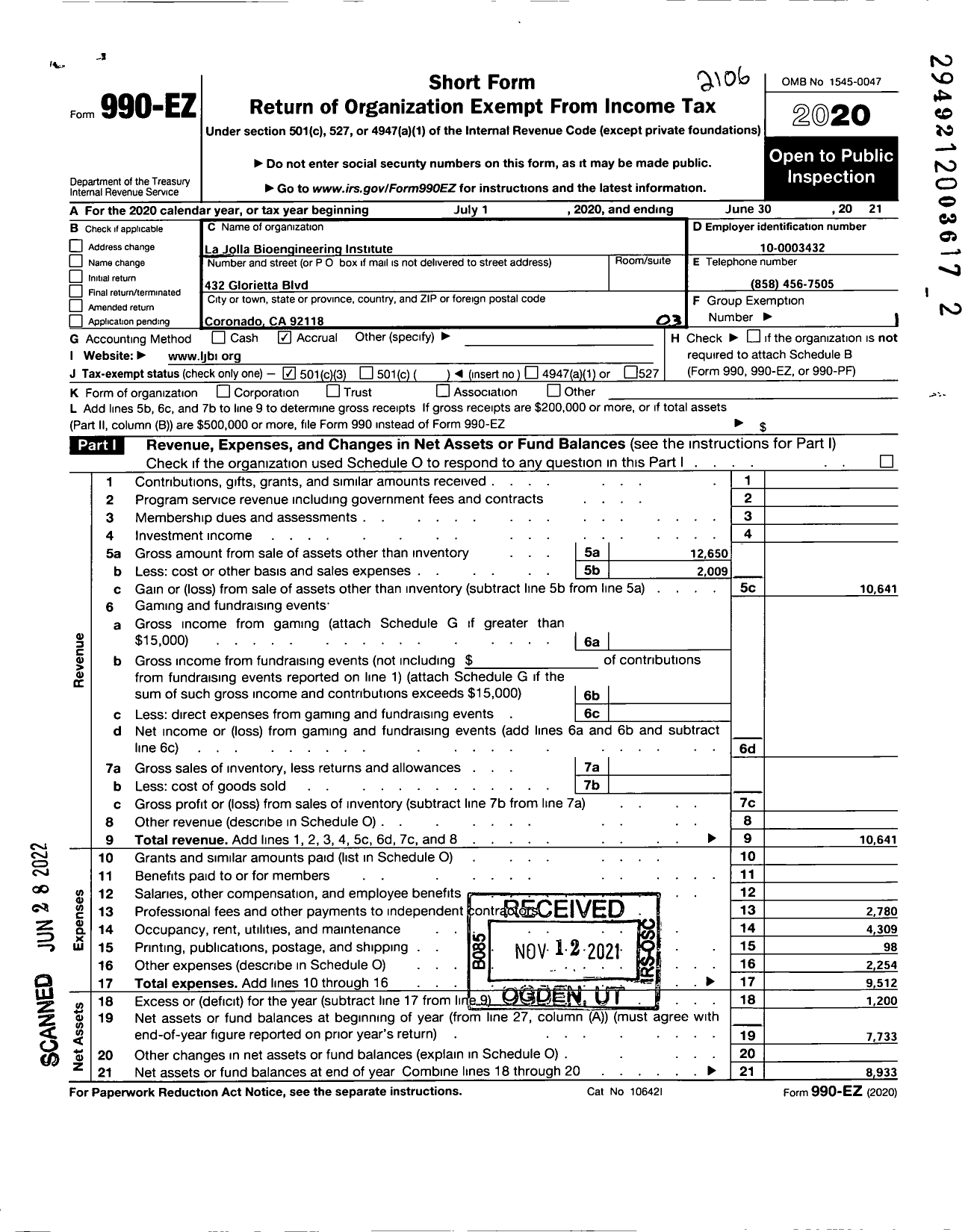Image of first page of 2020 Form 990EZ for La Jolla Bioengineering Institute