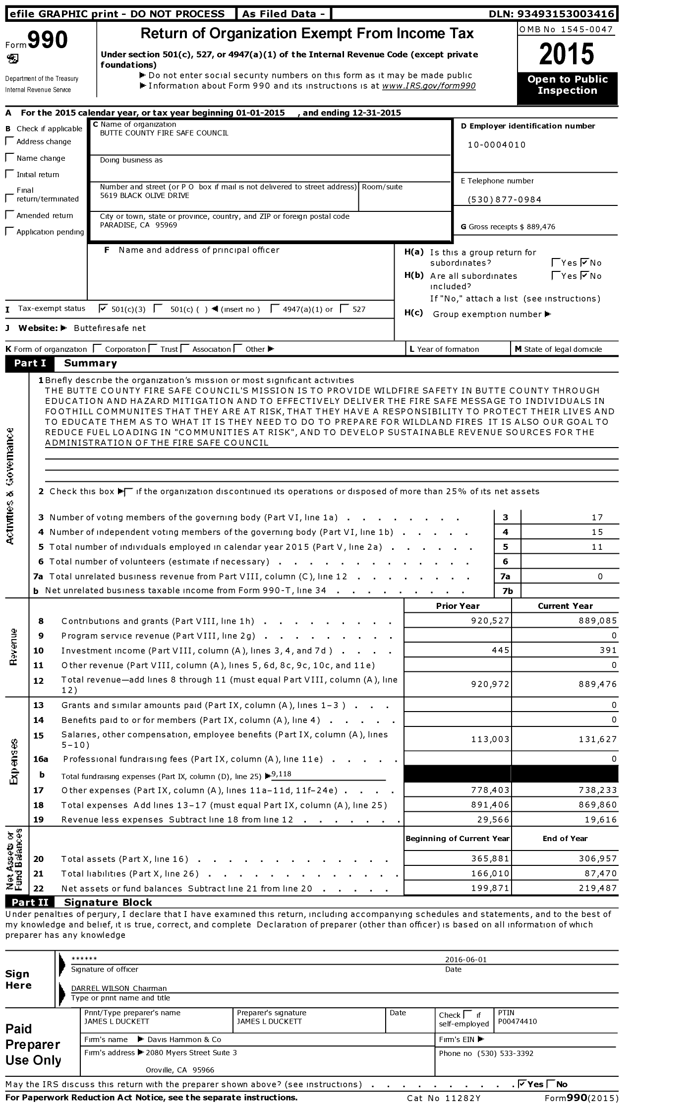 Image of first page of 2015 Form 990 for Butte County Fire Safe Council