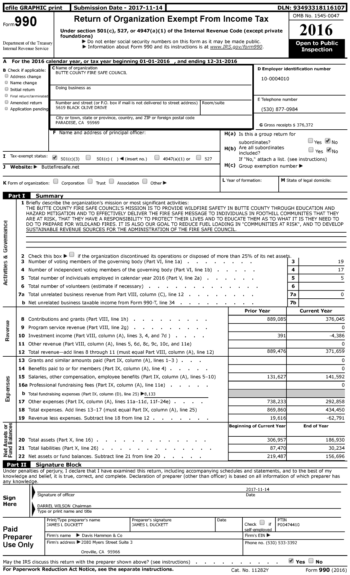 Image of first page of 2016 Form 990 for Butte County Fire Safe Council